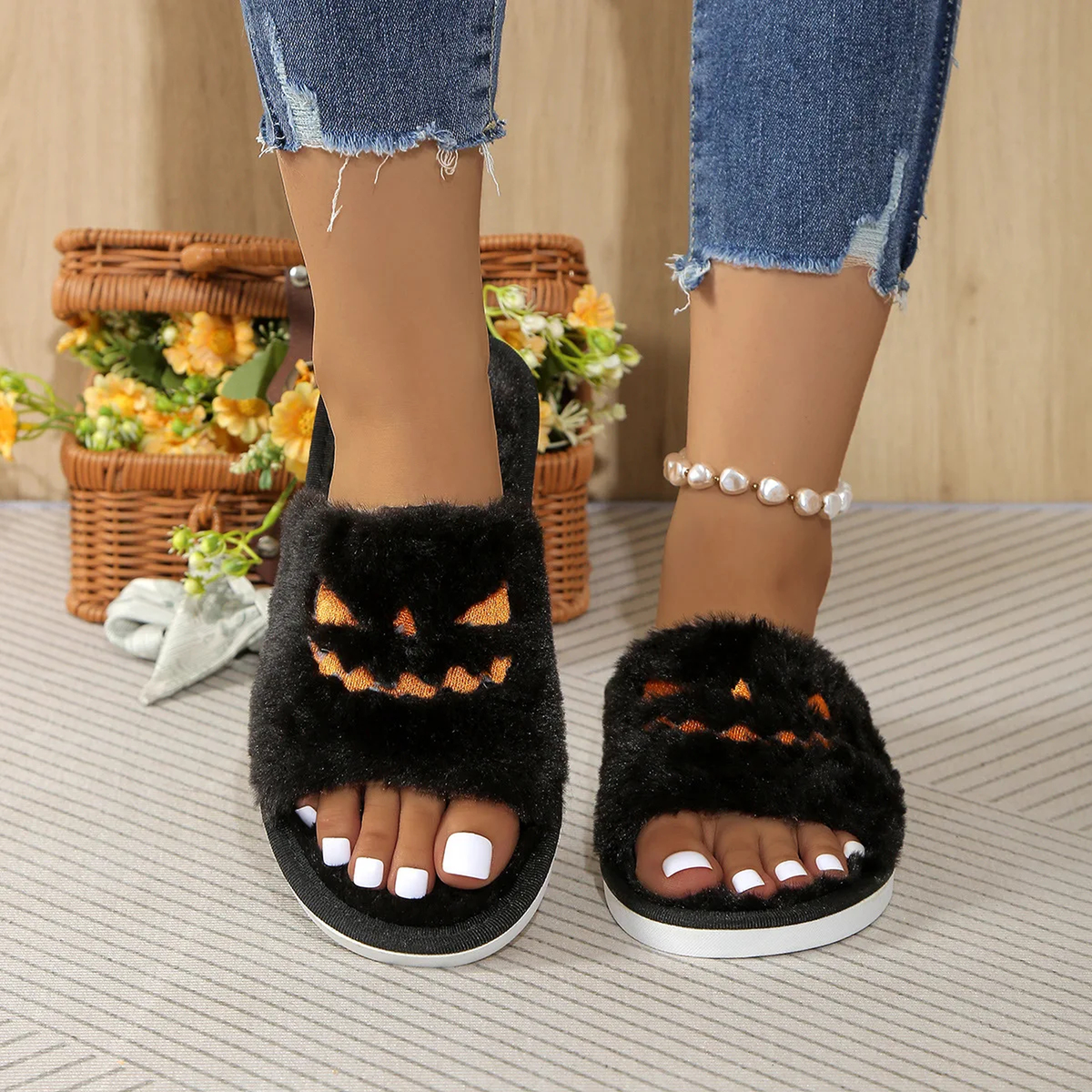 Halloween Plush Slippers, Pumpkin & Elk Faces, Open Toe One Size