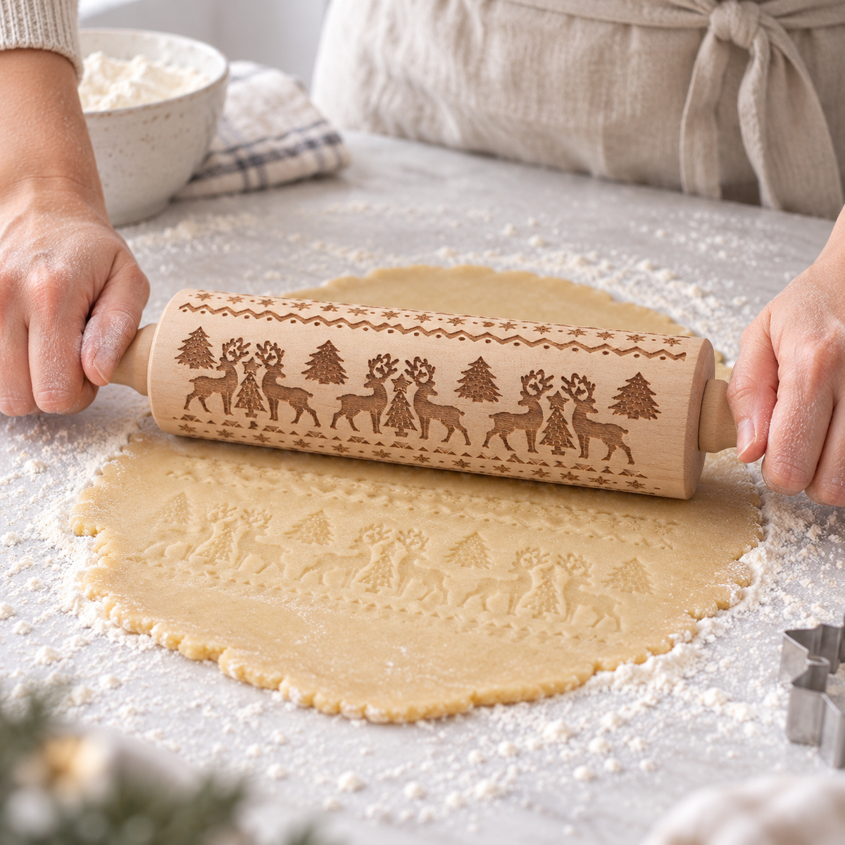 Engraved Wooden Christmas Cookie Rolling Pin, 34 or 42 cm