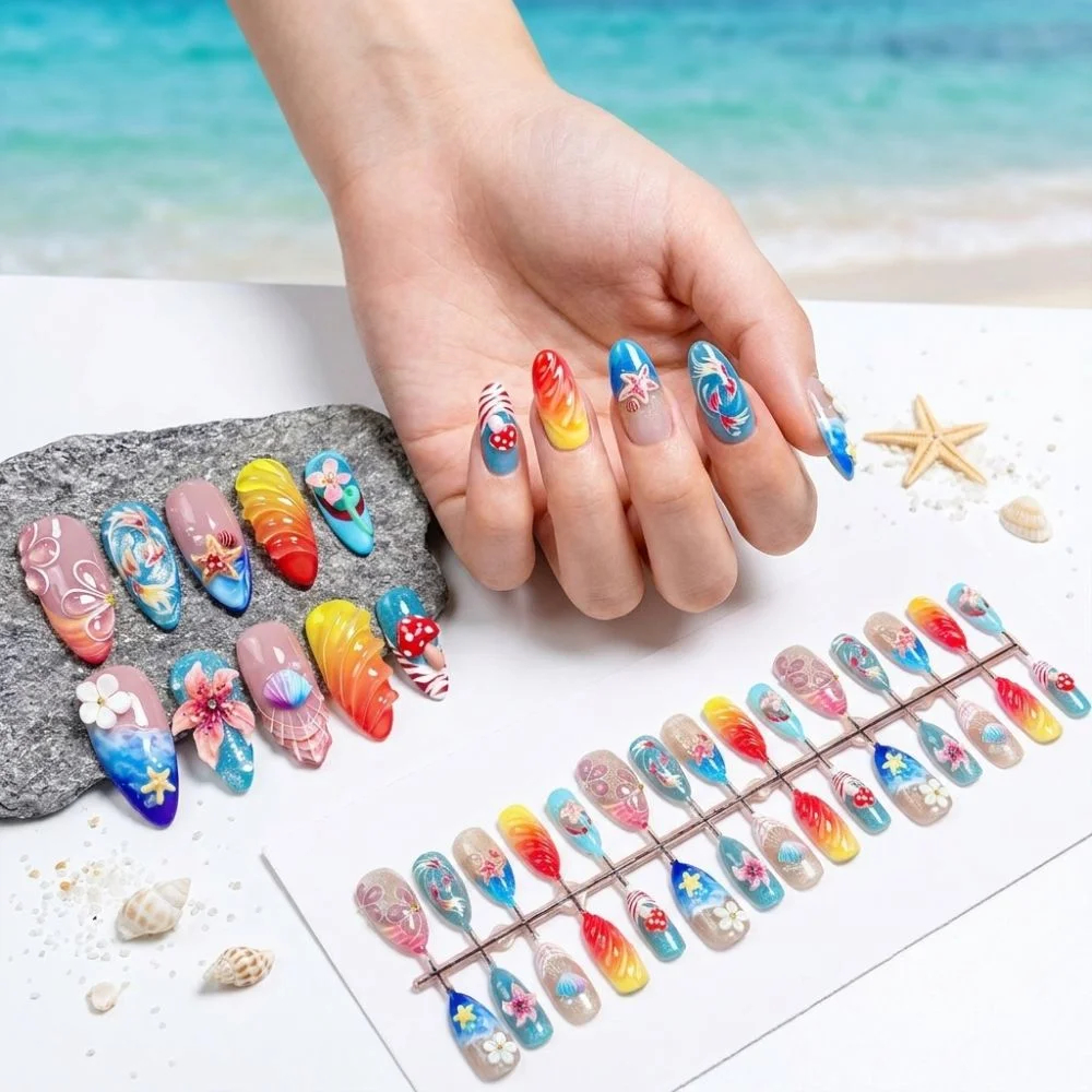 3D Ocean Press-On Nails Almond Glossy Koi & Coral Set