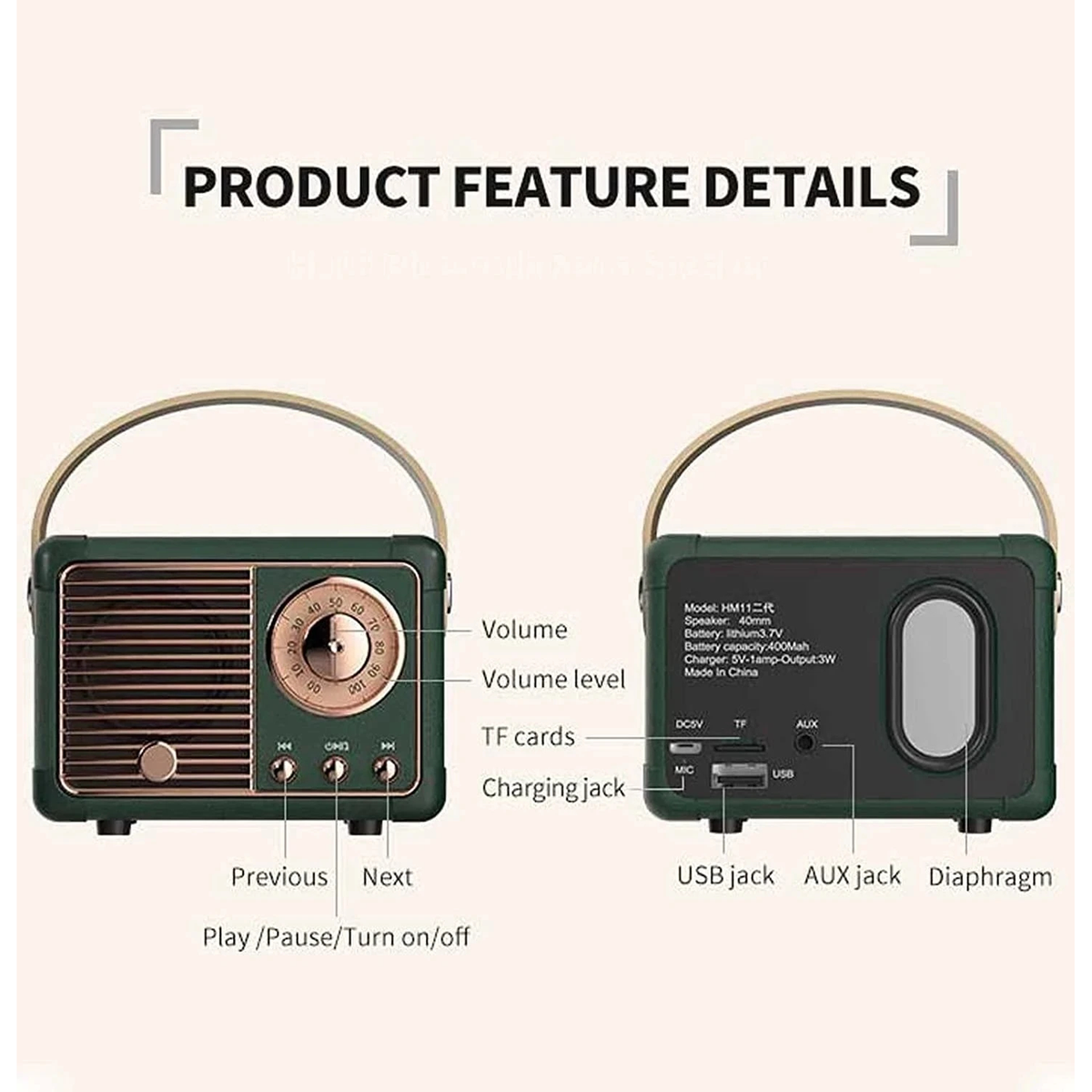 Retro Bluetooth Speaker with Carry Handle and USB Playback
