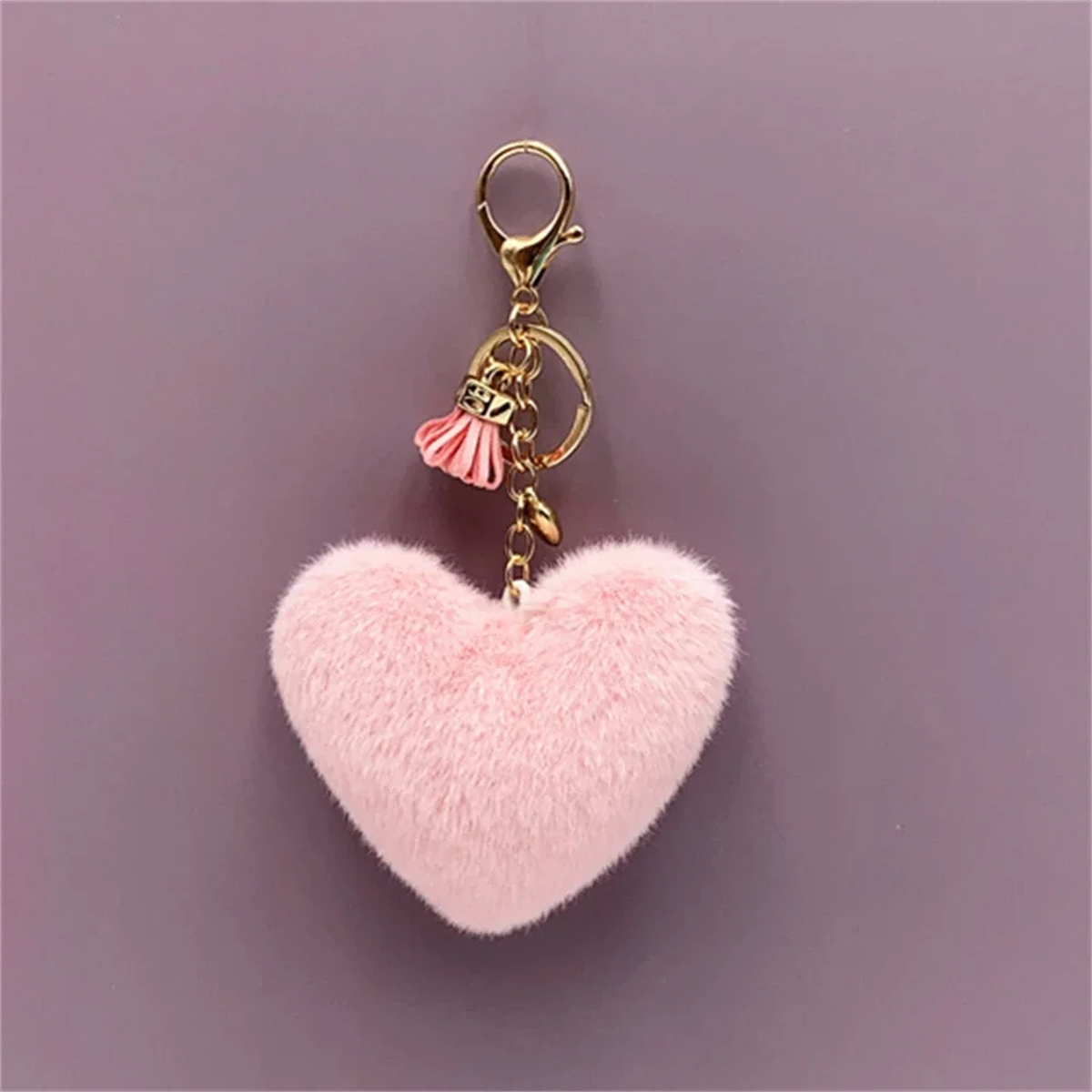 Fluffy Heart Keychain Charm with Tassel and Gold-Tone Clasp