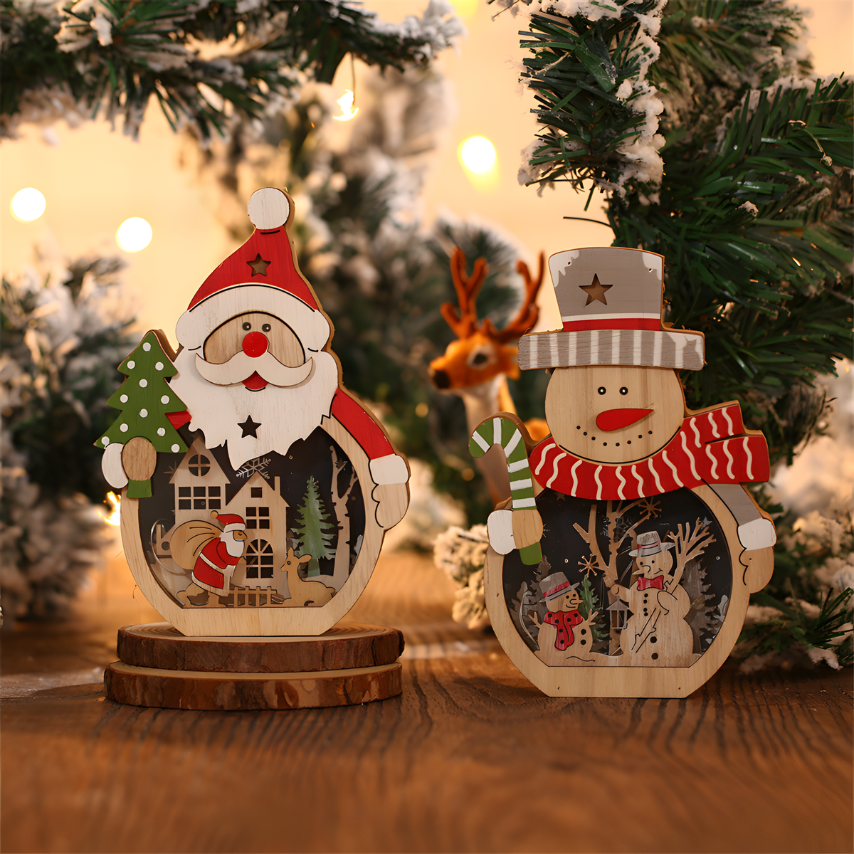 Light-Up Wooden Christmas Figure, Santa or Snowman Scene