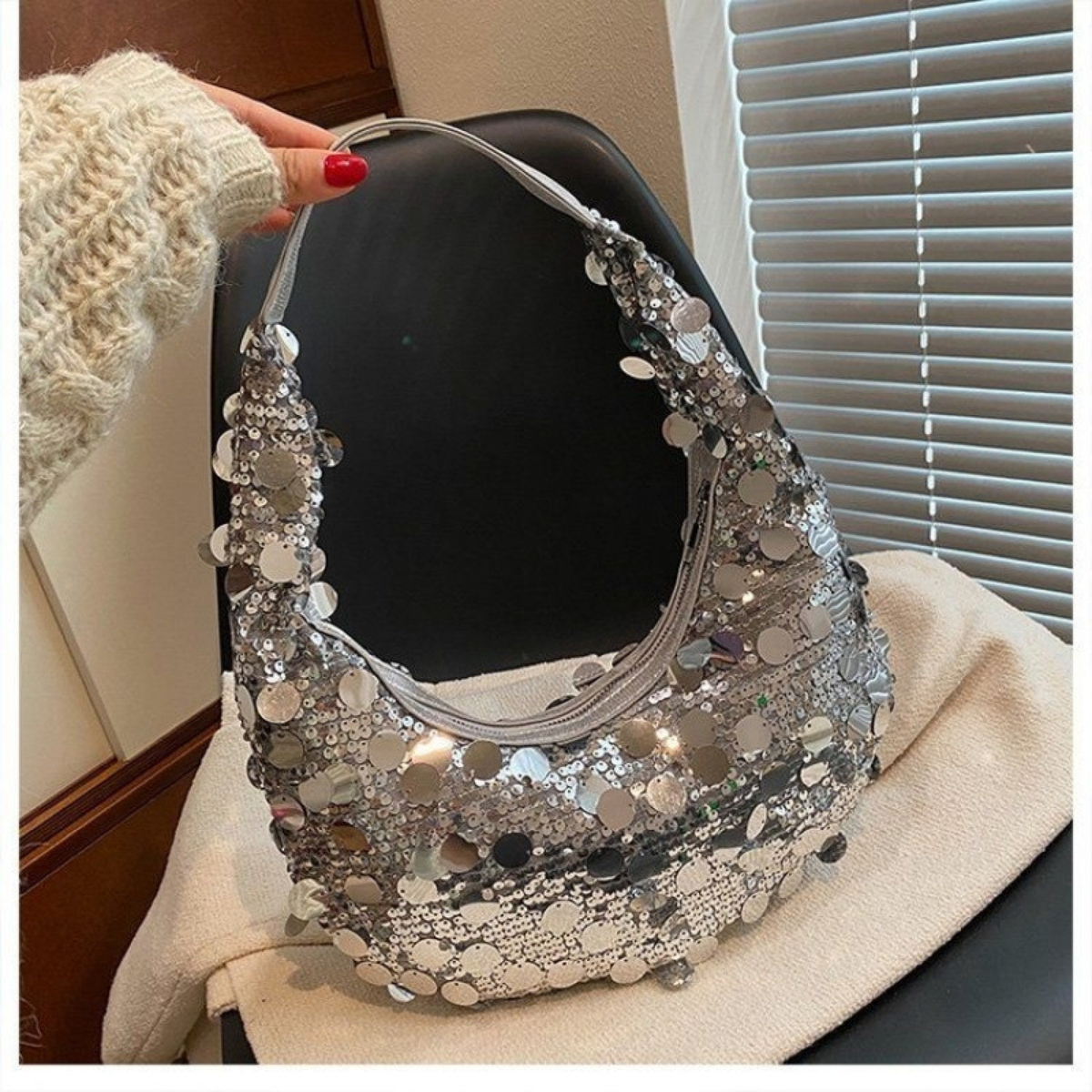 Sequin Crescent Shoulder Bag with Short Strap for Evenings