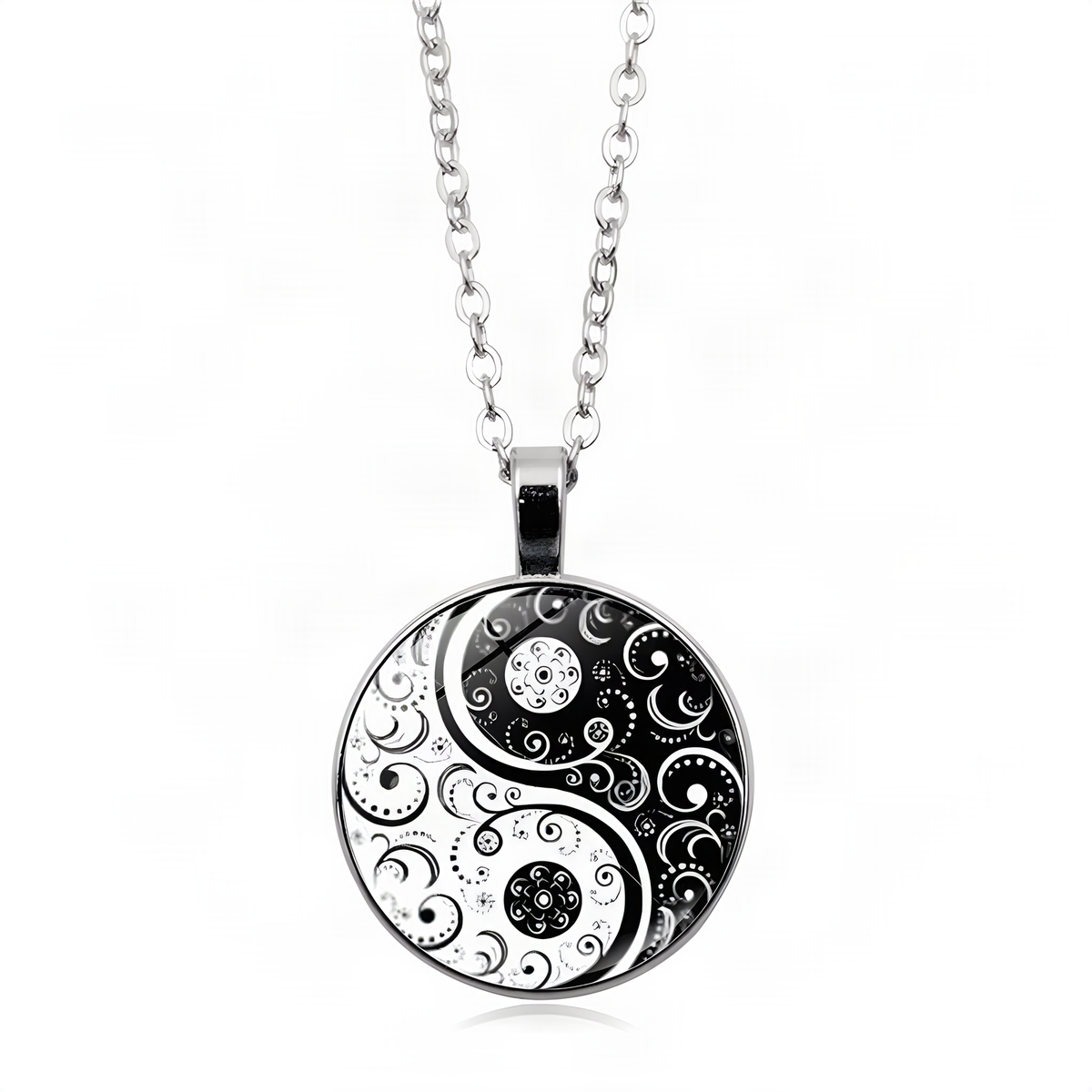 Yin Yang Pendant Necklace with Domed Cover and Alloy Frame