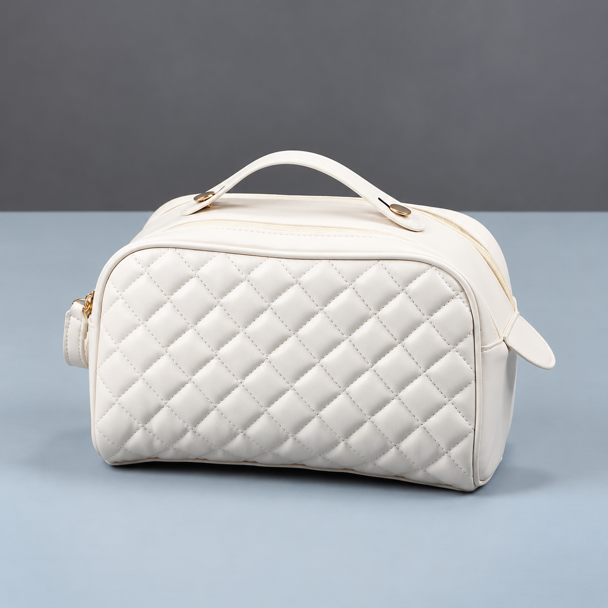 Quilted PU Toiletry Bag with Carry Handle, 26 x 15 x 15 cm