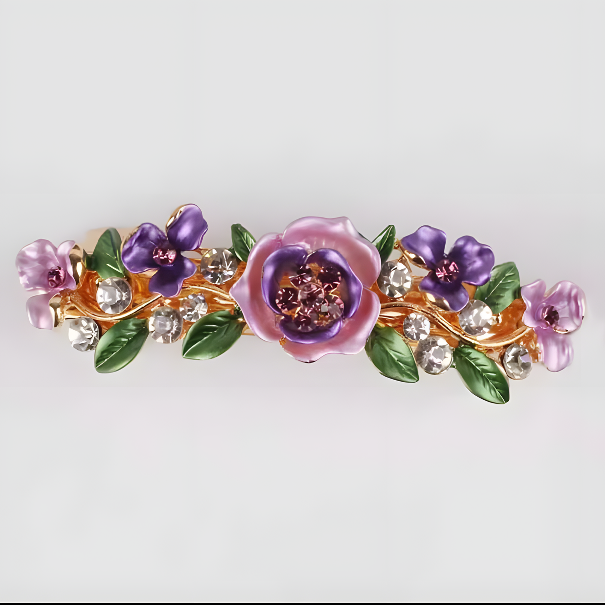 Floral Enamel Barrette with Rhinestone Accents and Gold Tone