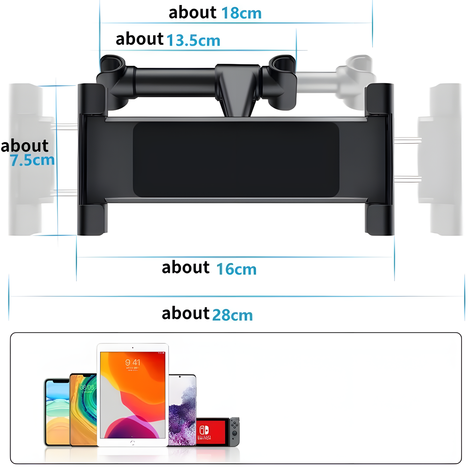 Foldable Car Headrest Tablet Holder – Adjustable 4.7–12.9"