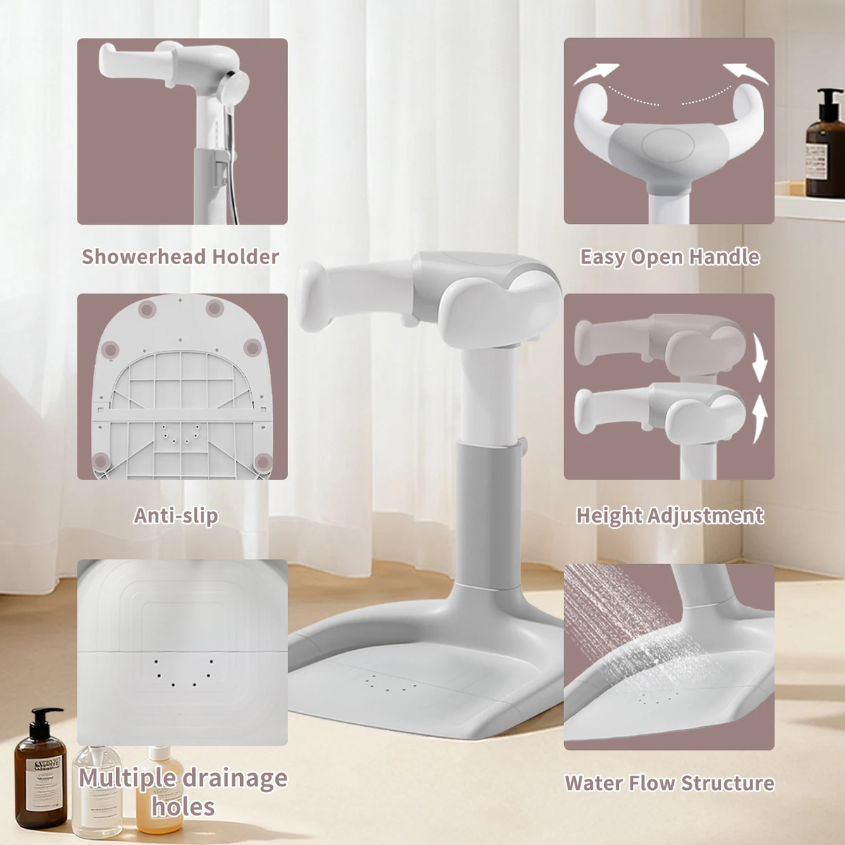 Adjustable Toddler Shower Support Stand with Opening Arms