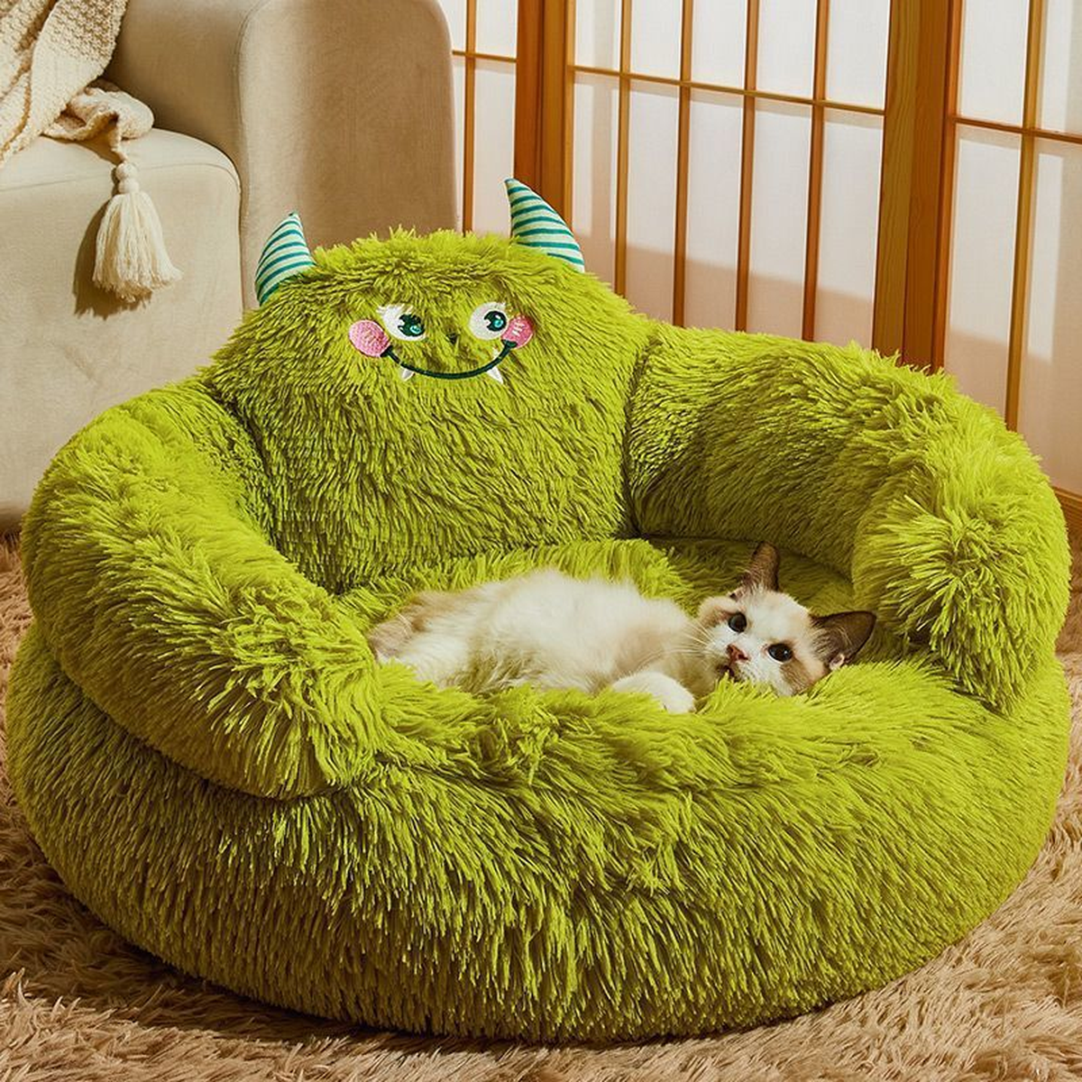 Soft Round Plush Pet Bed with Monster Face Backrest