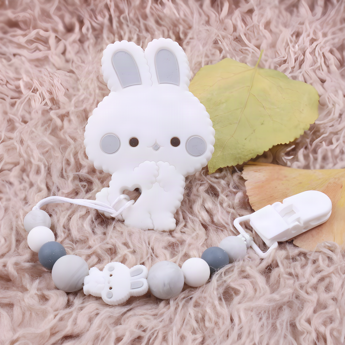 Bunny Baby Teether with Beaded Pacifier Clip in Five Colors