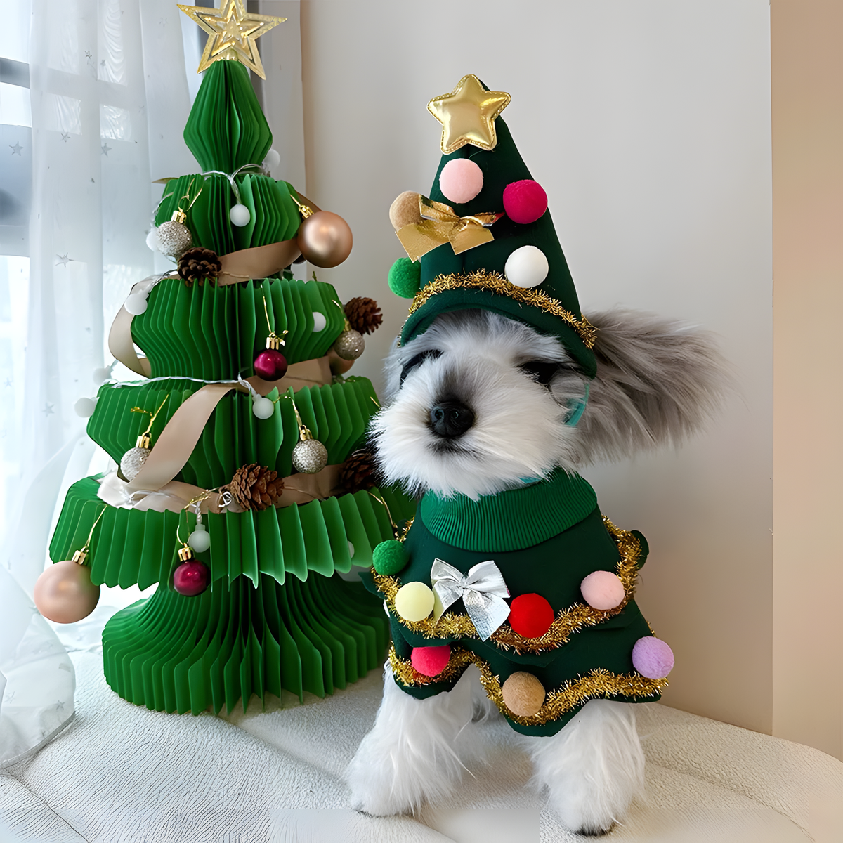 Christmas Tree Pet Costume, Matching Pom-Pom Hat and Cape