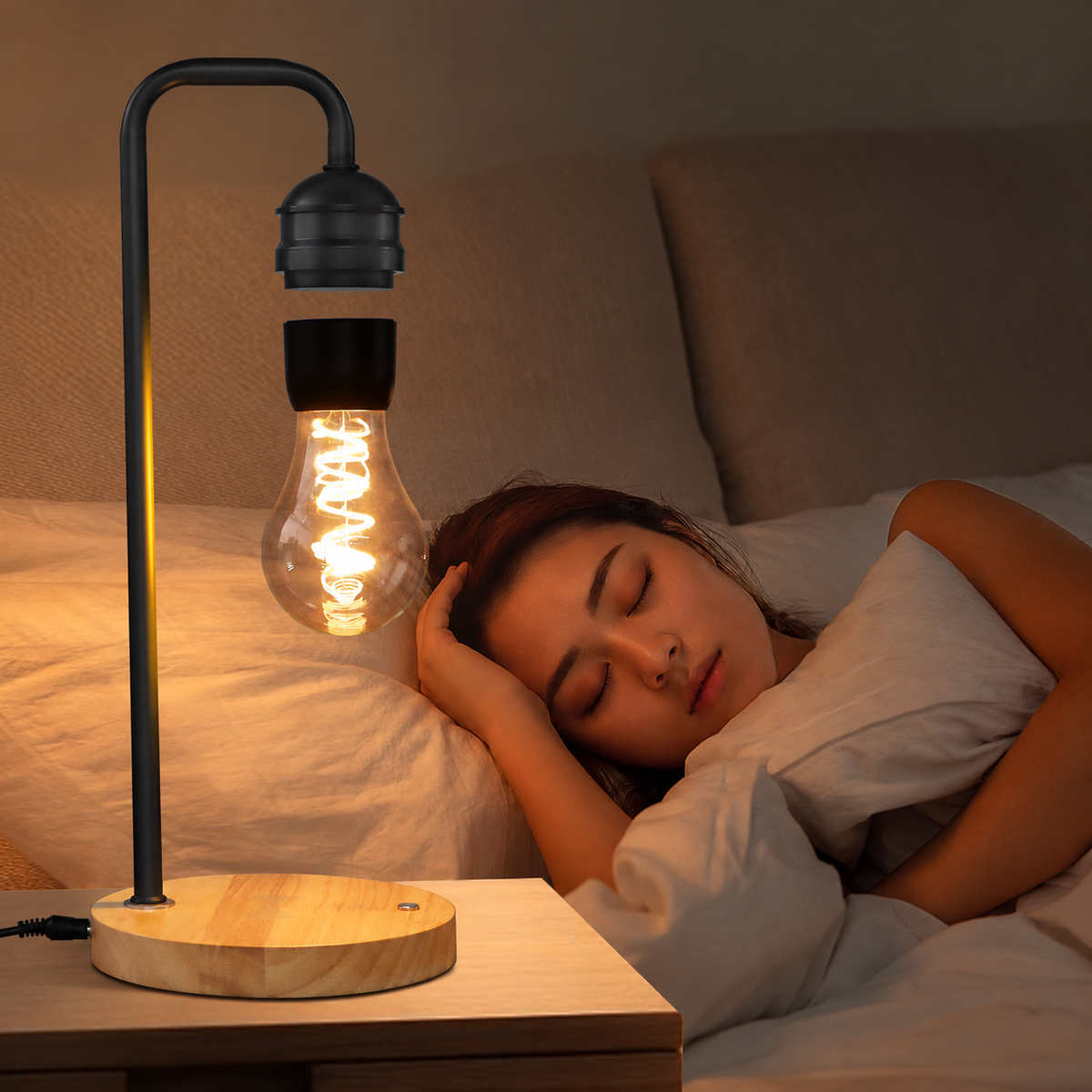Magnetic Levitating Bulb Desk Lamp with Round Wooden Base