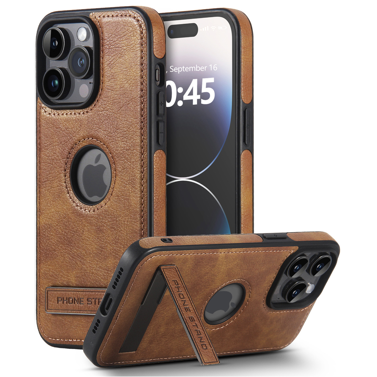 Leather-Texture iPhone 15 Pro Max Case with Fold-Out Stand