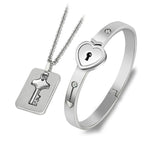 Lovers Lock & Key Bracelet Necklace Set - Matching Couples Jewelry | Heart Lock Design