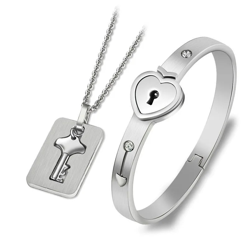 Lovers Lock & Key Bracelet Necklace Set - Matching Couples Jewelry | Heart Lock Design