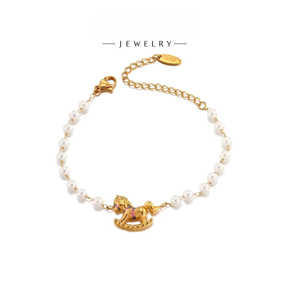 Pearl-Look Charm Bracelet, Gold-Tone Rocking Horse Detail