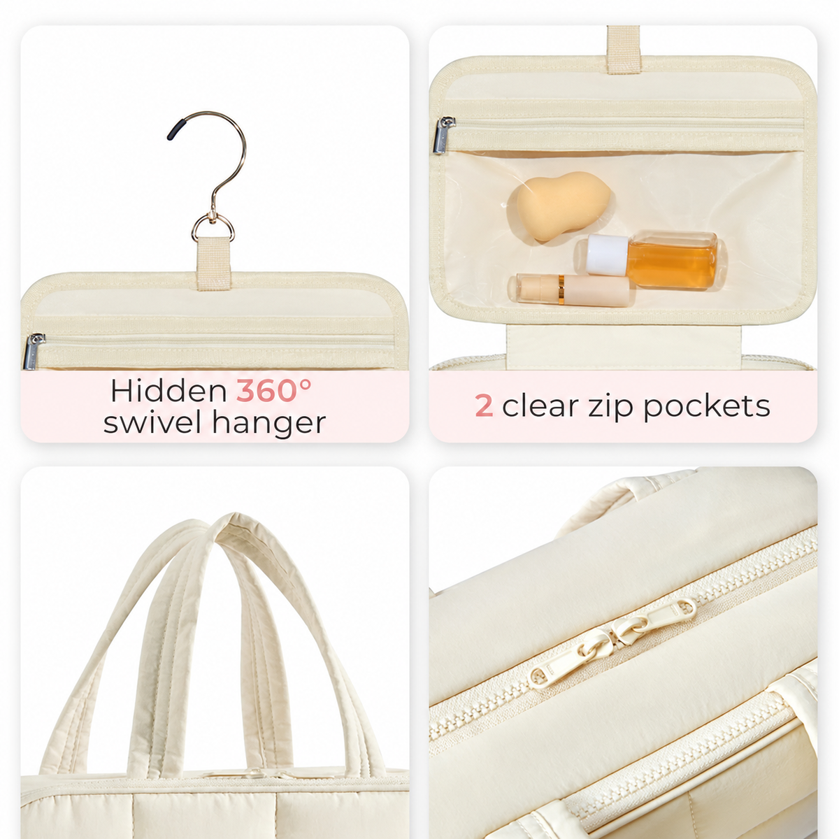 Quilted Hanging Toiletry Bag with Separate Jewelry Organizer