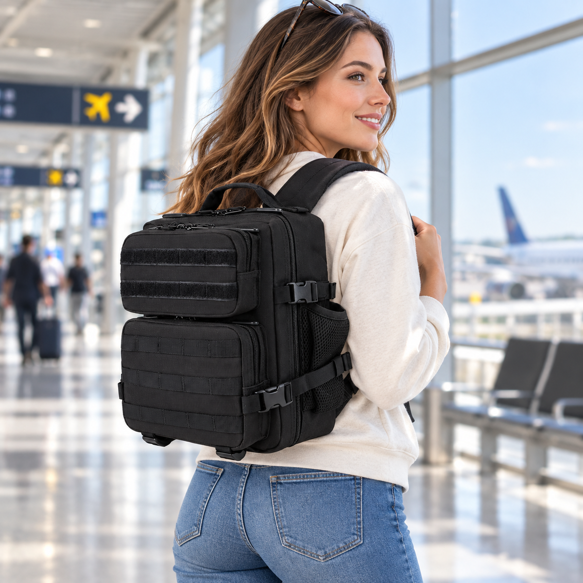 Multi-Pocket Backpack with Front Webbing and Mesh Side Pockets