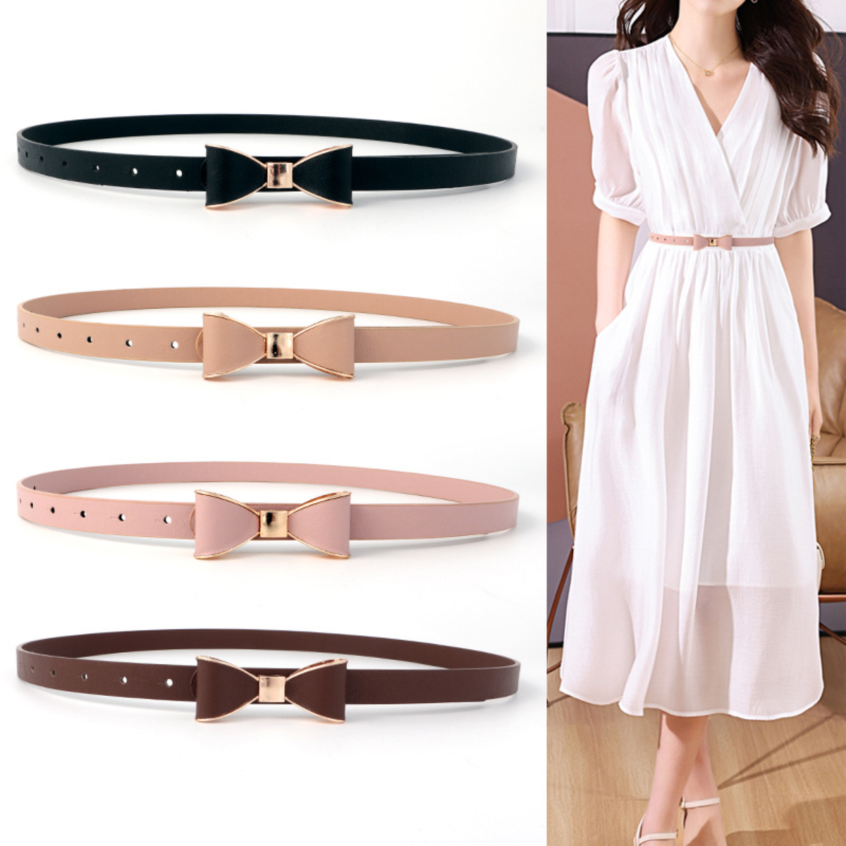 Slim Adjustable Bow Waist Belt with Gold-Tone Trim