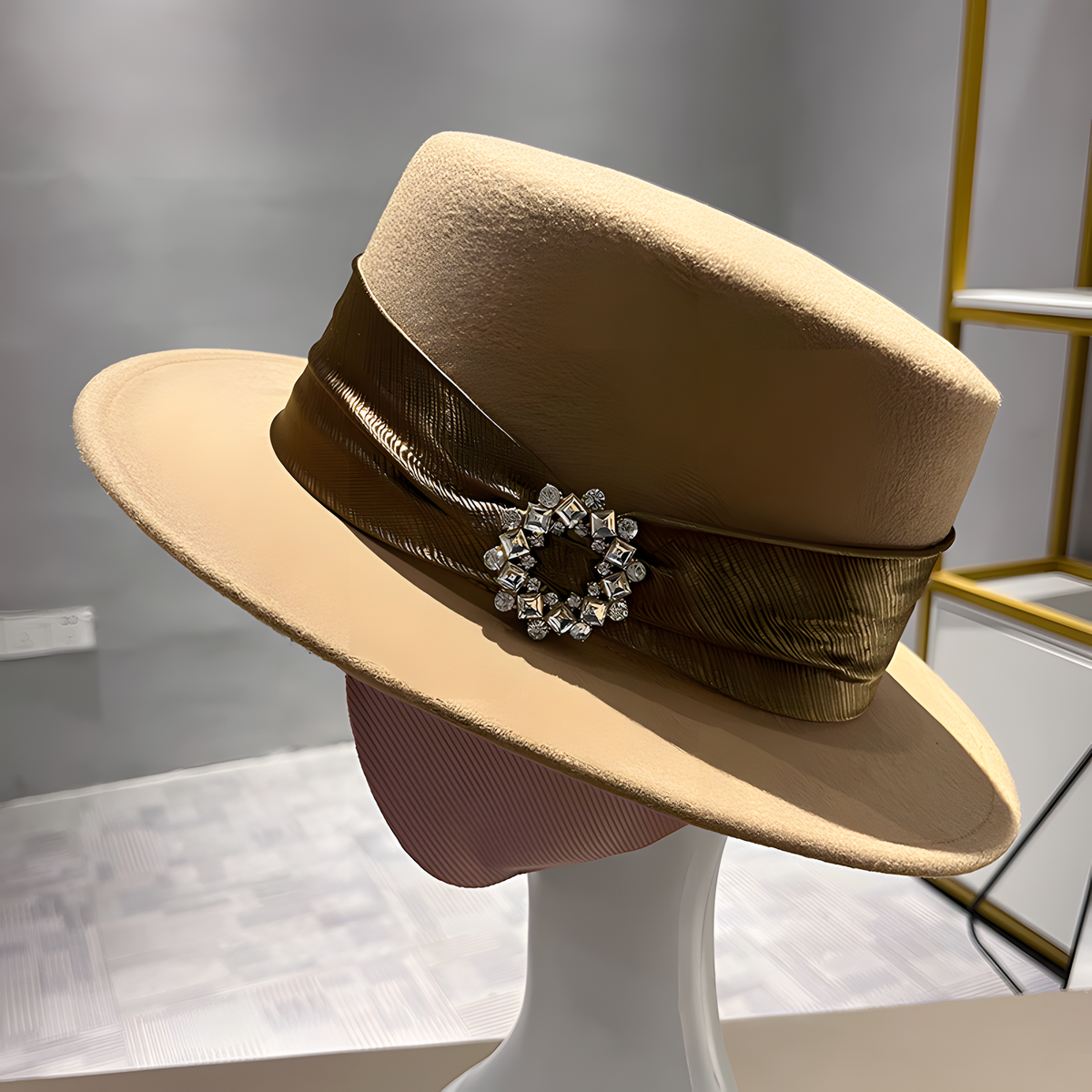 Wool Flat-Top Hat with Decorative Band and Brooch Detail