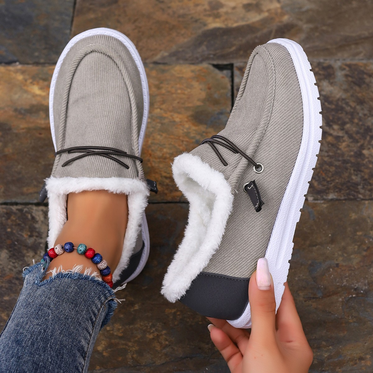 Fleece-Lined Canvas Slip-On Shoes with Elastic Cross Straps