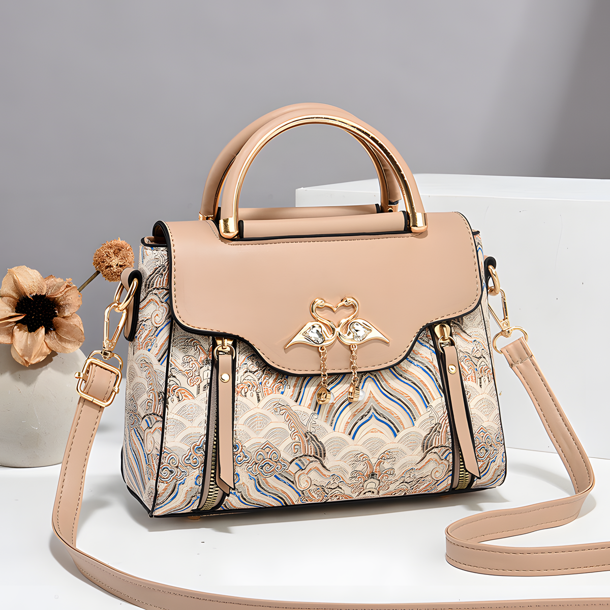 Printed Shoulder Bag with Bird Charm and Zip Divider, 22.5 cm