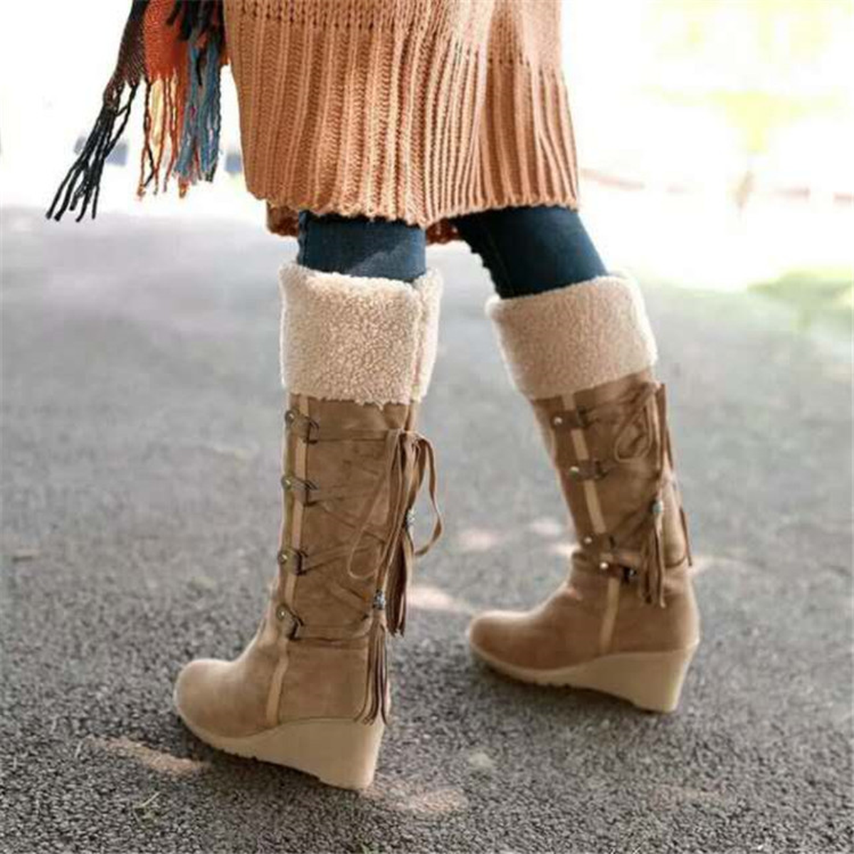 Women's Knee-High Winter Wedge Boots with Plush Fold-Over Cuff