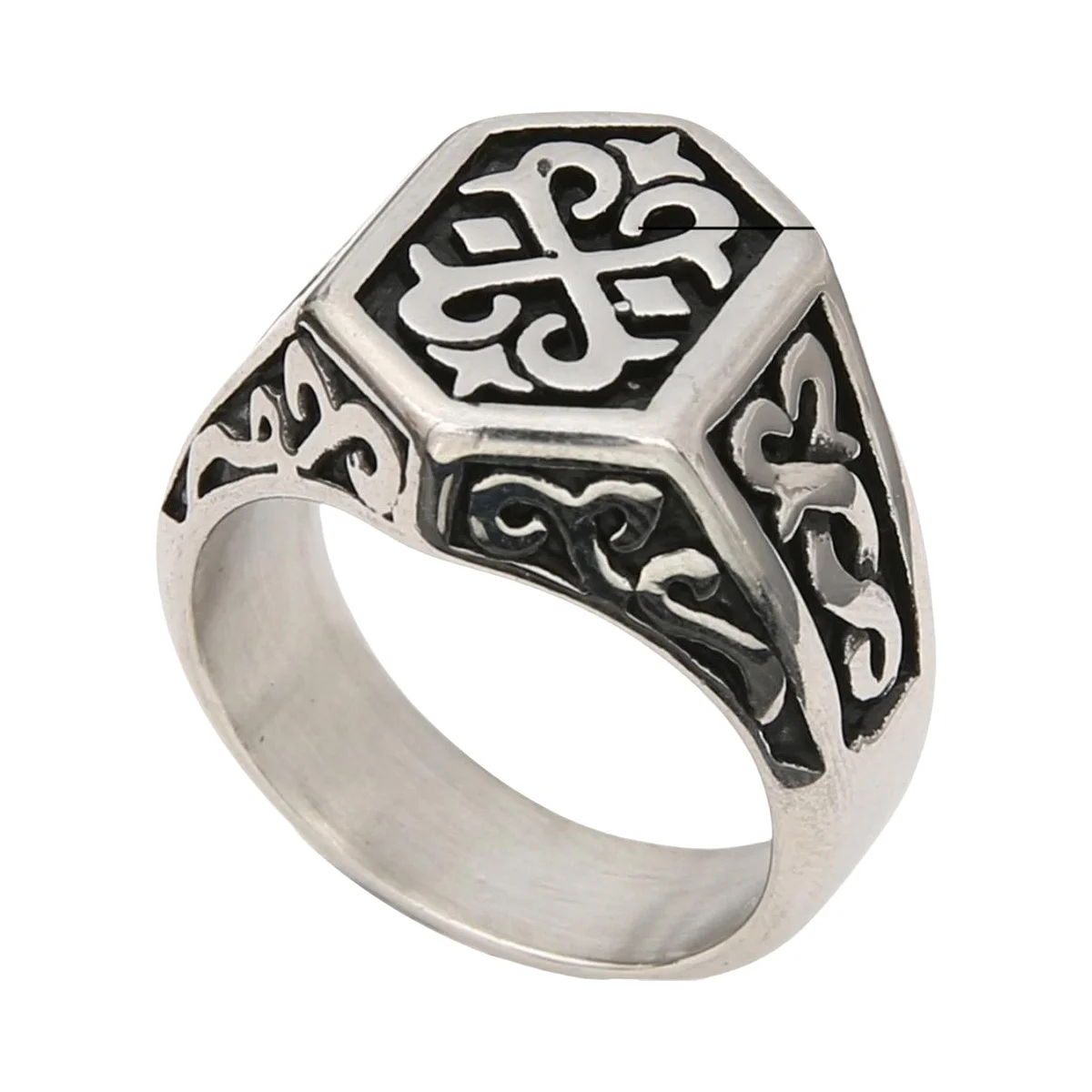 Silver-Tone Gothic Pattern Ring, Geometric Signet Design
