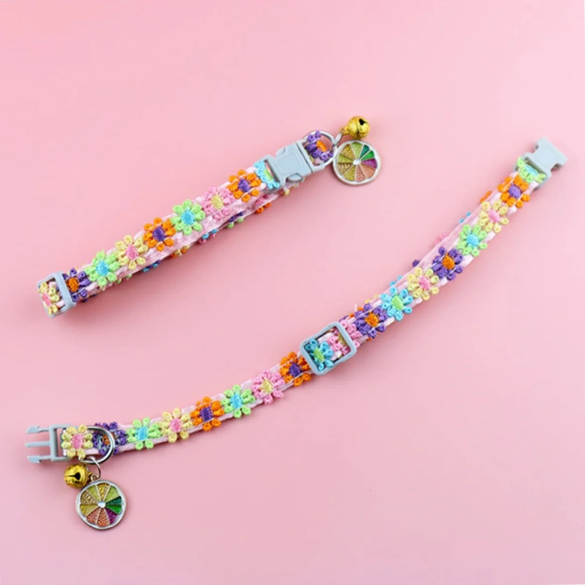 Colorful Floral Cat Collar, Adjustable Buckle, Bell & Charm