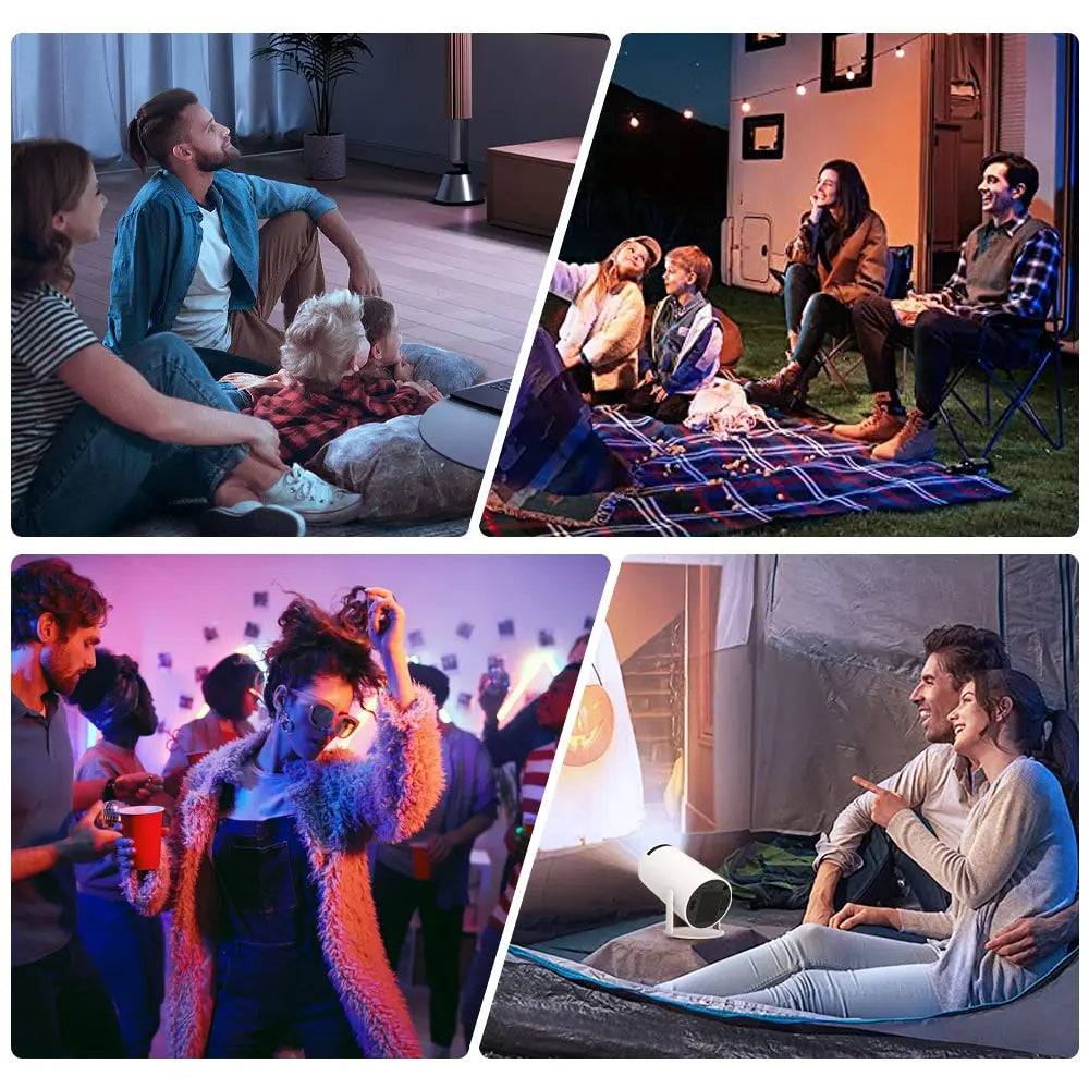 Collage of people enjoying outdoor and indoor activities with a projector.