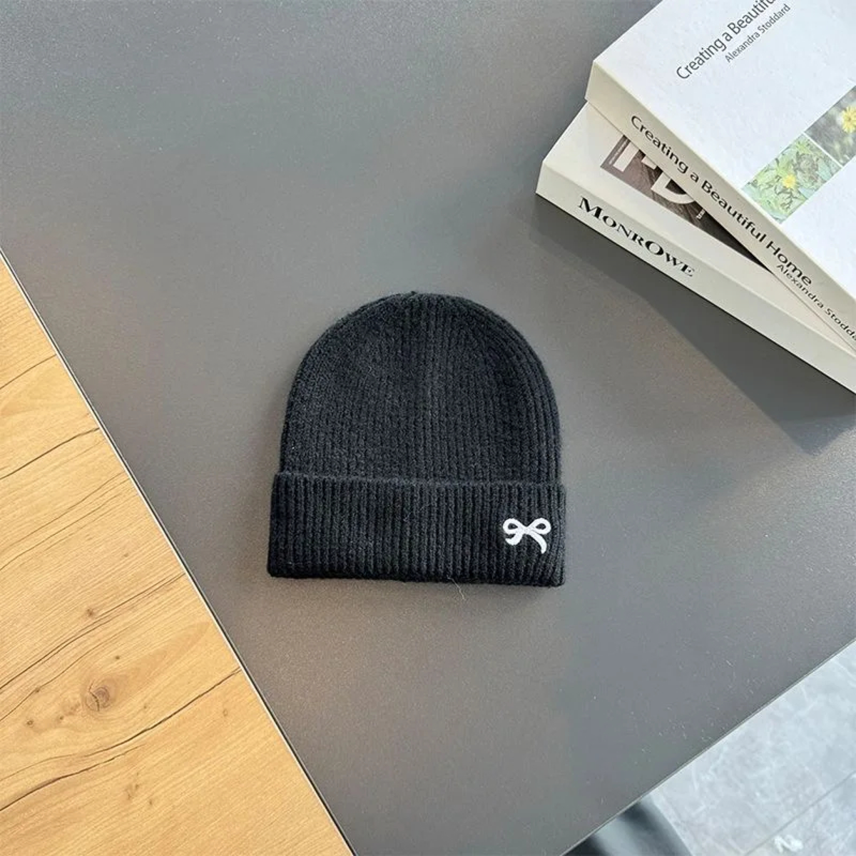 Ribbed Knit Beanie with Embroidered Bow and Folded Cuff