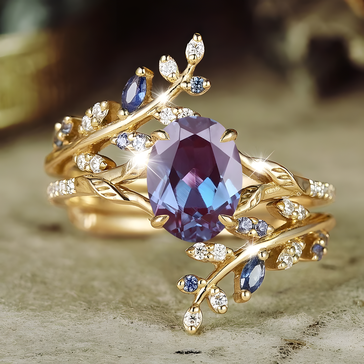 Leaf-Vine Stacking Ring Set with Oval Decorative Stone