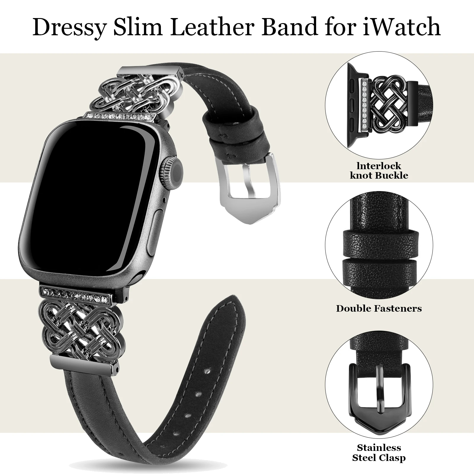 Jeweled Knot Leather Apple Watch Band with Stone Detail