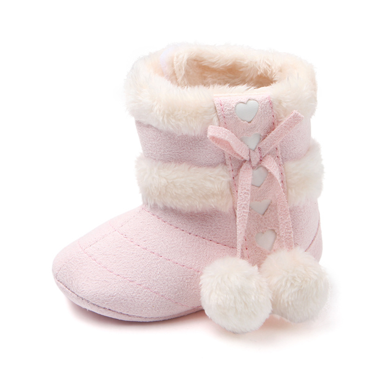 Heart Bow Baby Boots with Pom-Pom Detail and Cream Cuffs