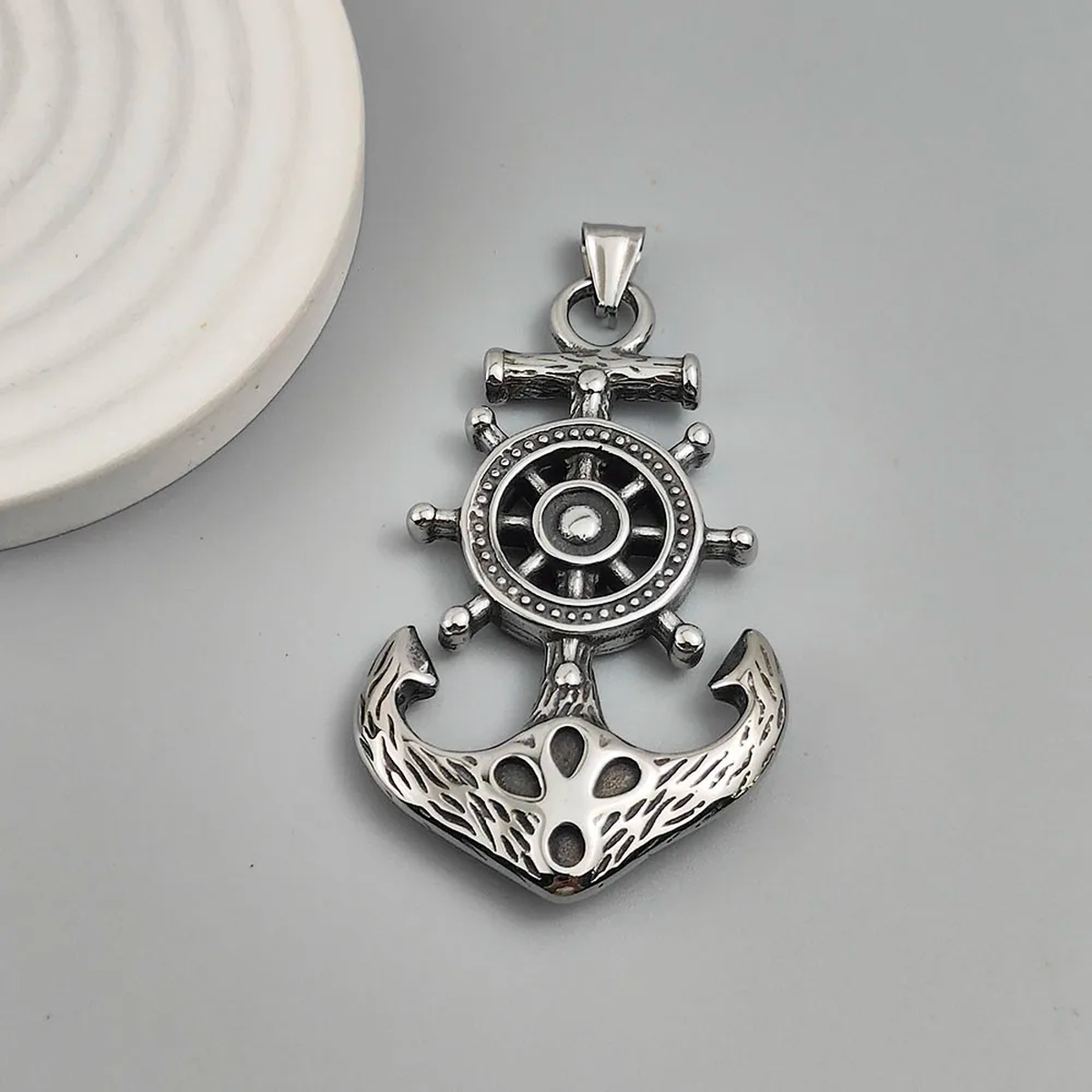 Silver-Tone Anchor Pendant, Nautical Ship Wheel Detailing