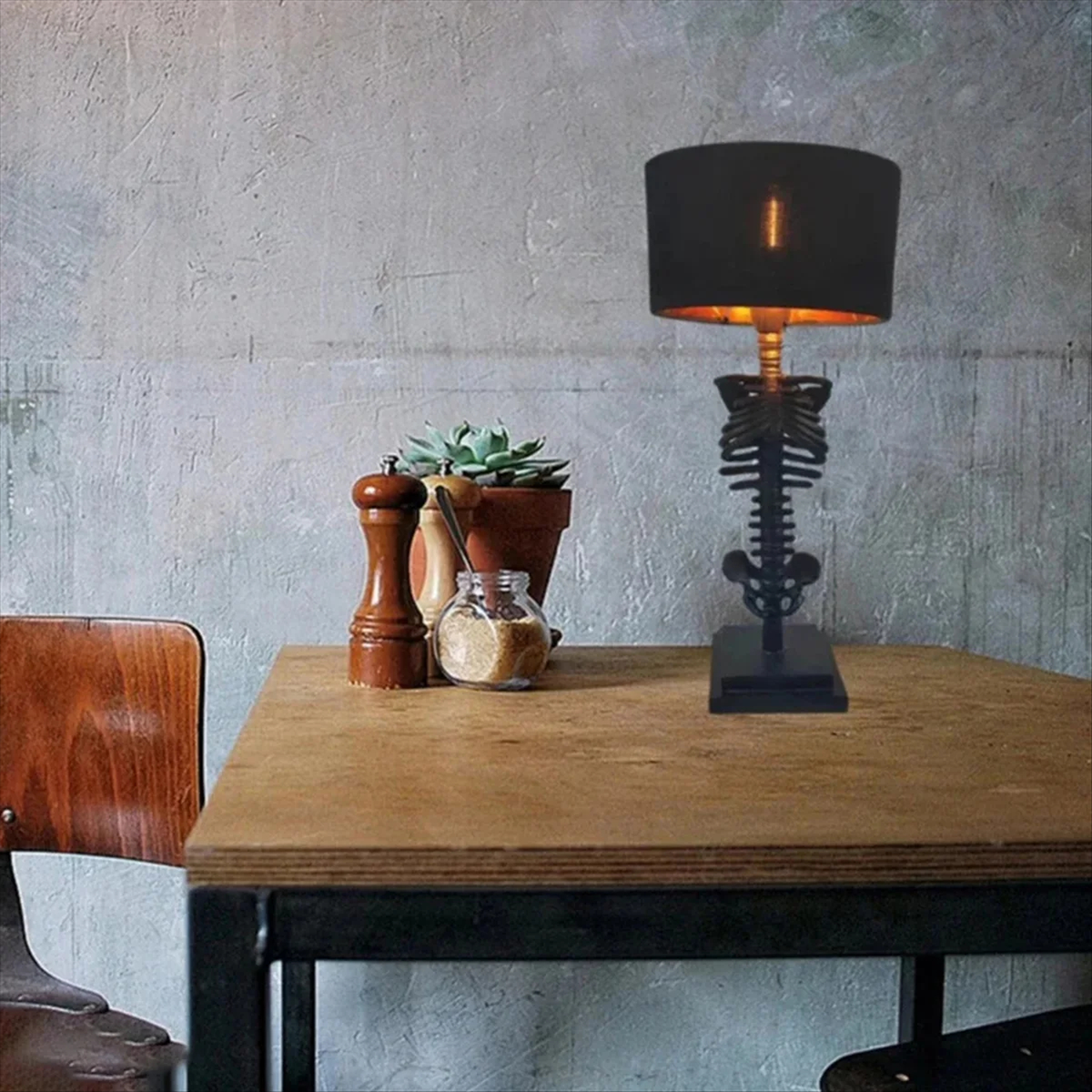 Skeleton Table Lamp with Black Fabric Shade, Gothic Halloween Decor