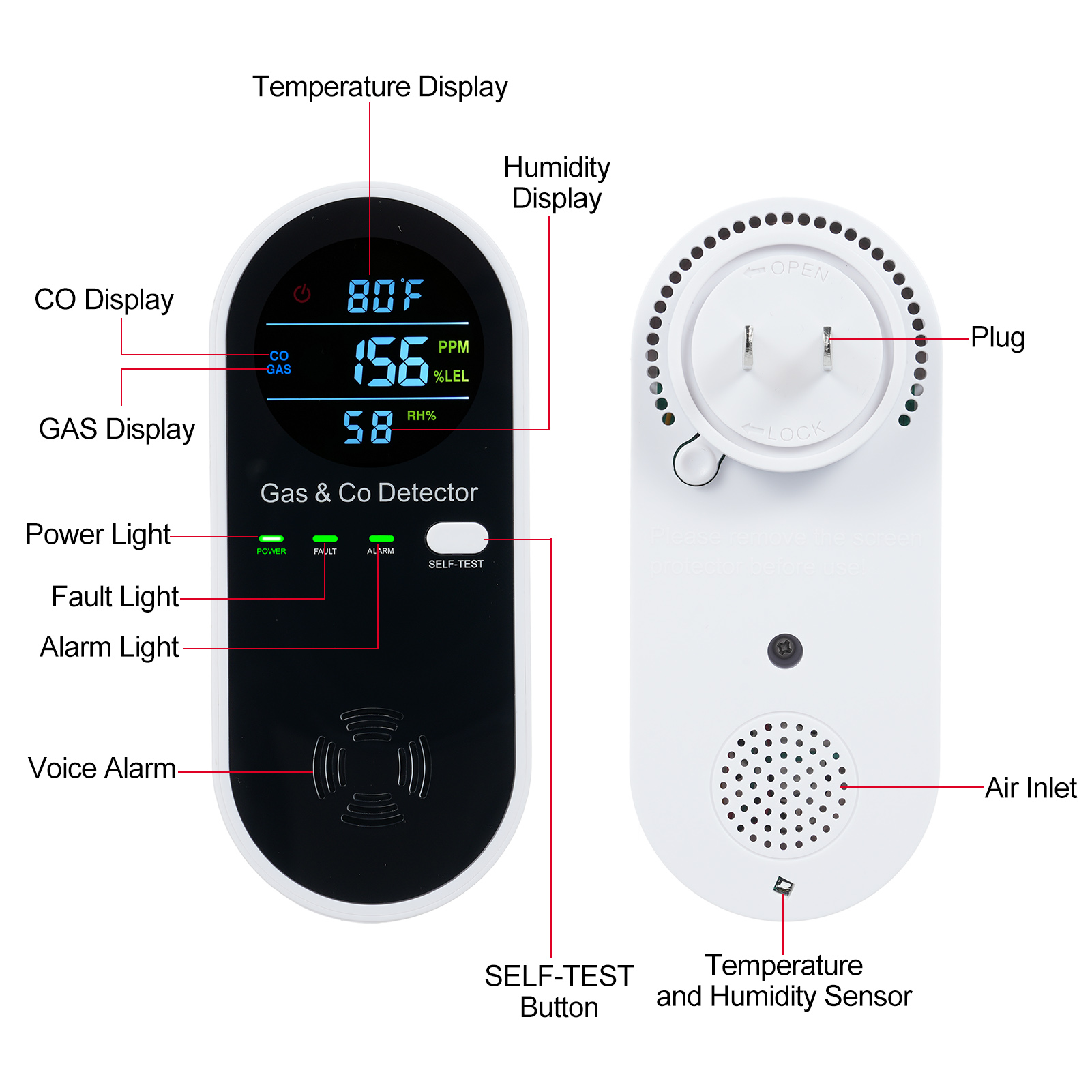 Portable Gas & CO Detector with Alarm – Plug-In Safety Monitor