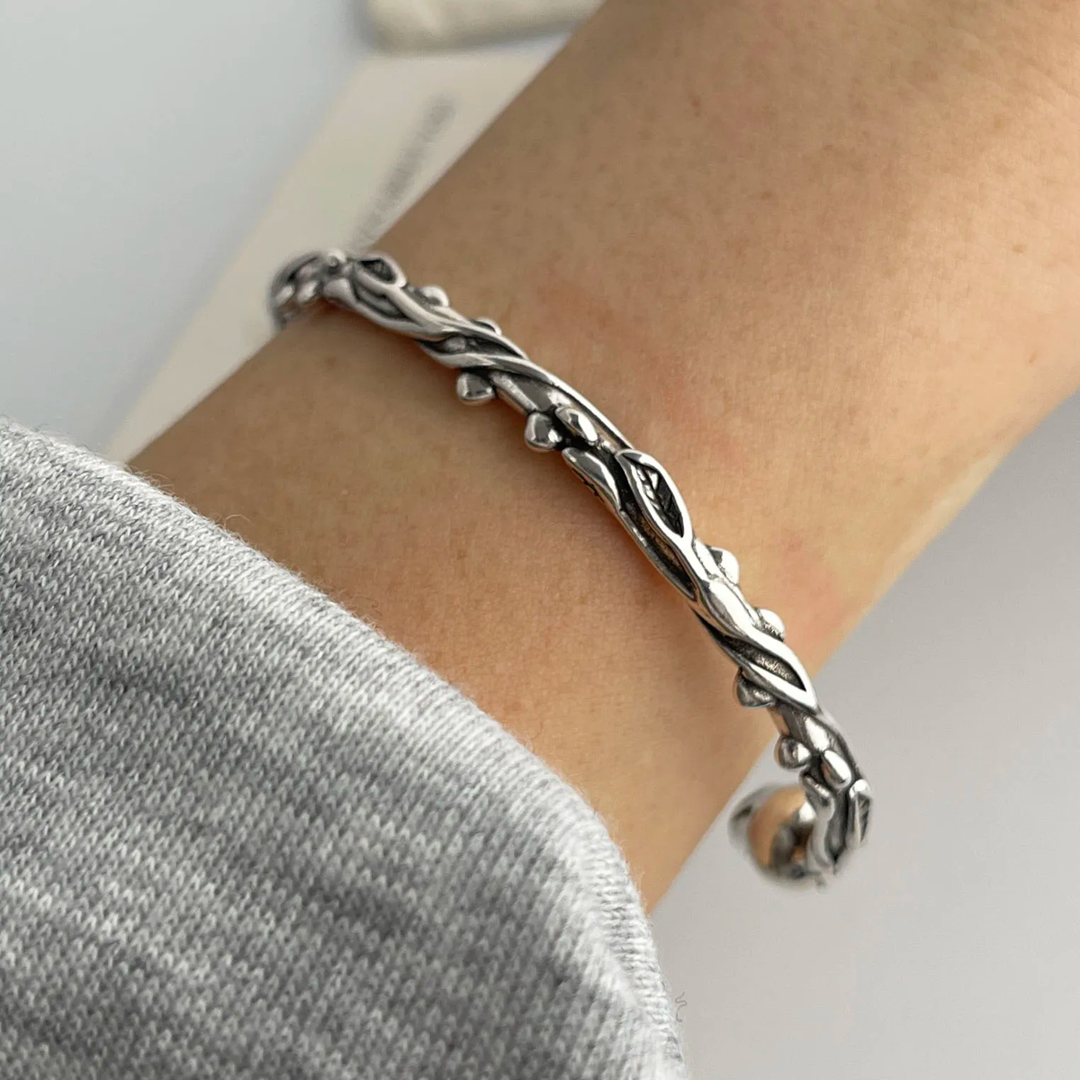 Thorn Rose Cuff Bracelet, Silver-Tone Botanical Open Design