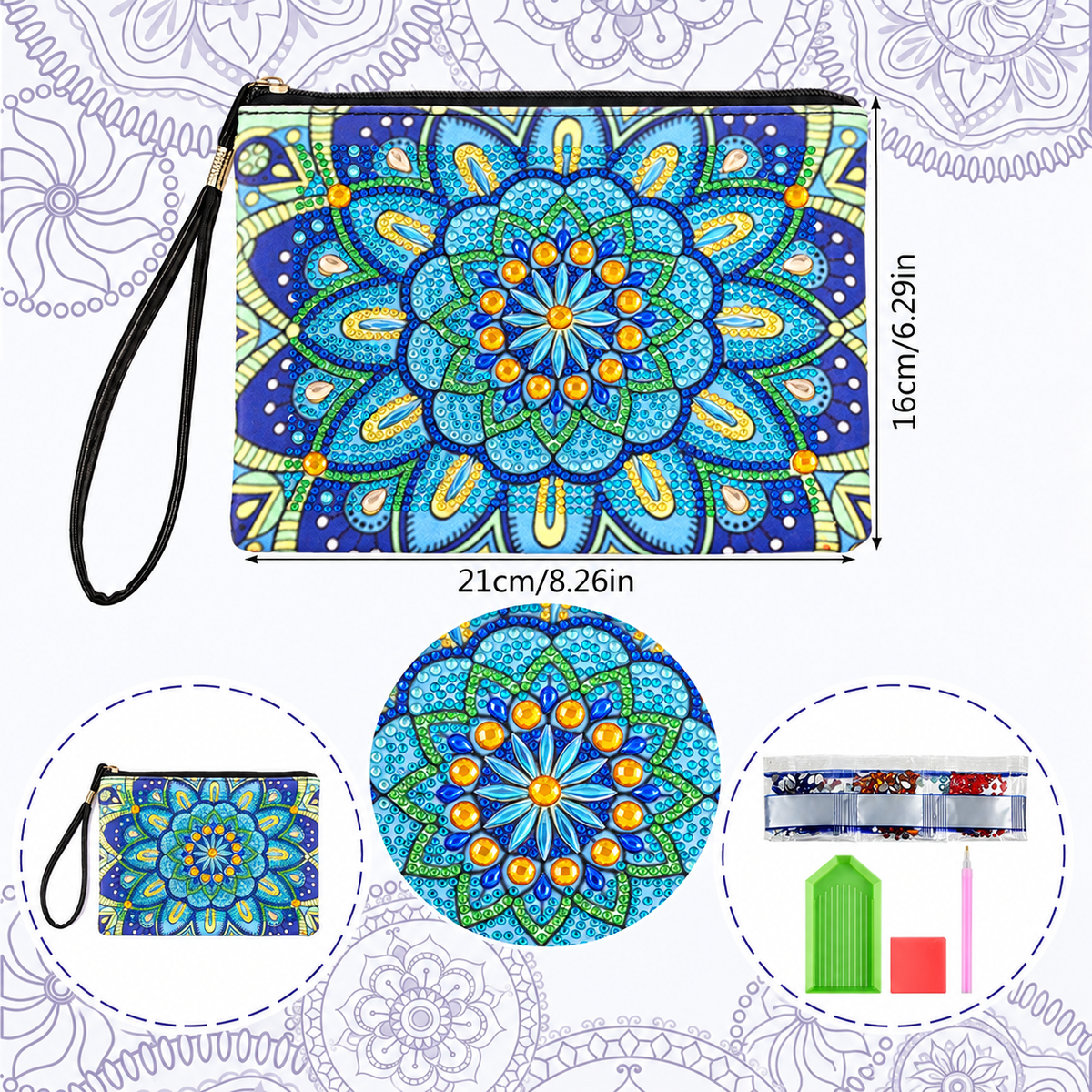 Floral Diamond Painting Makeup Bag Kit, Zippered Wristlet