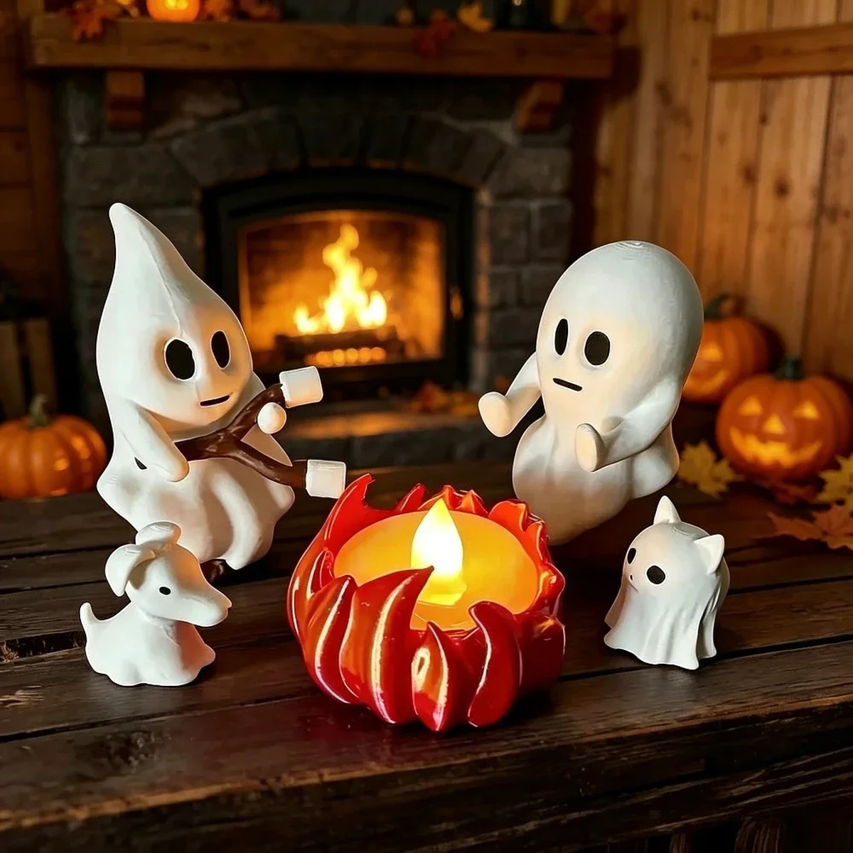 Light-Up Halloween Ghost Figurine Scene with Pumpkin Glow