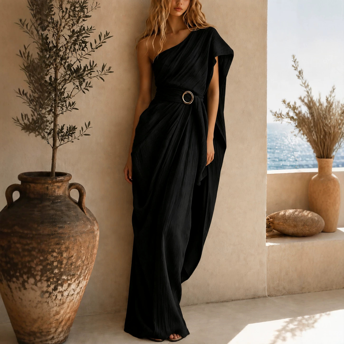 One-Shoulder Cotton-Blend Full-Length Dress with Fitted Waist