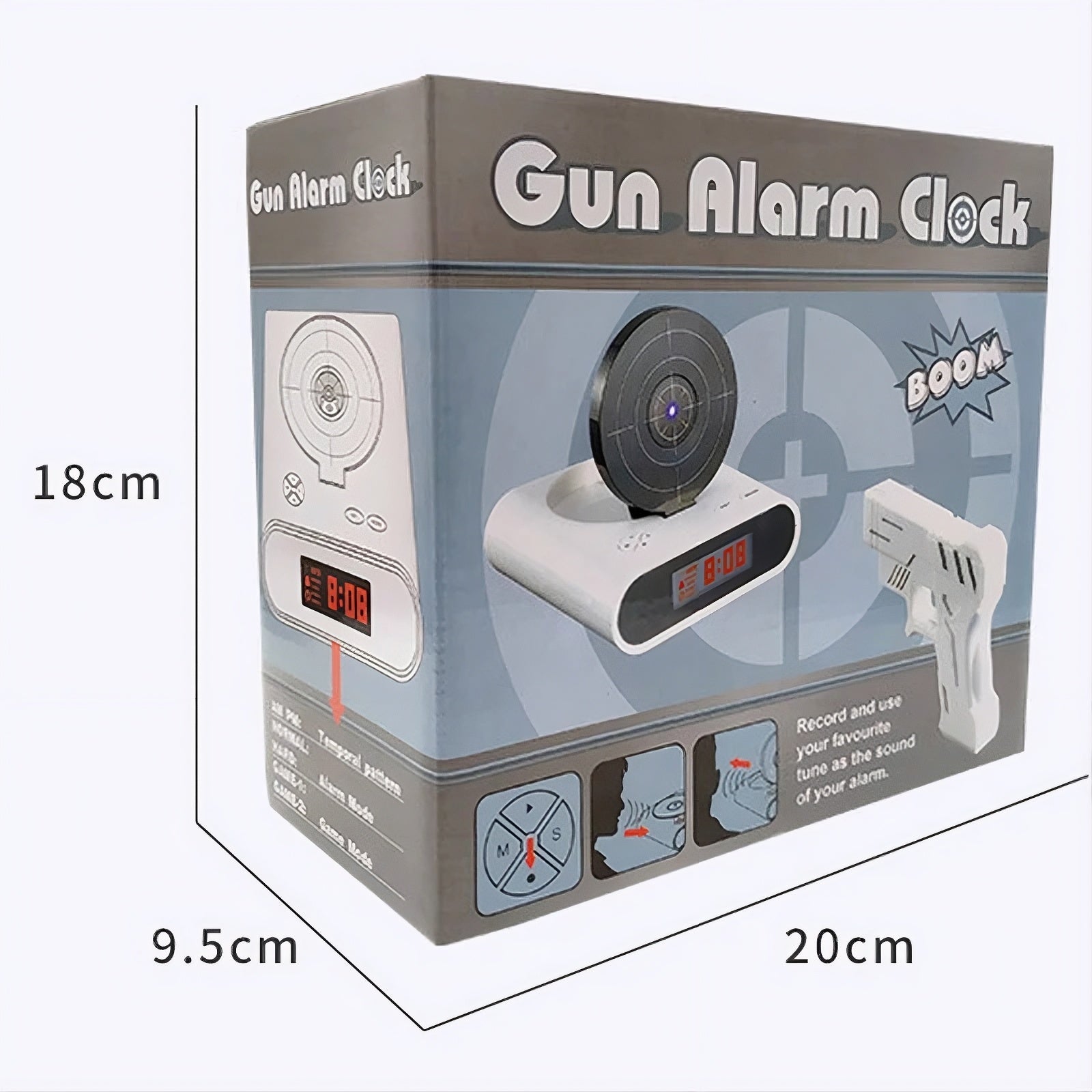 Box of a gun alarm clock with dimensions indicated