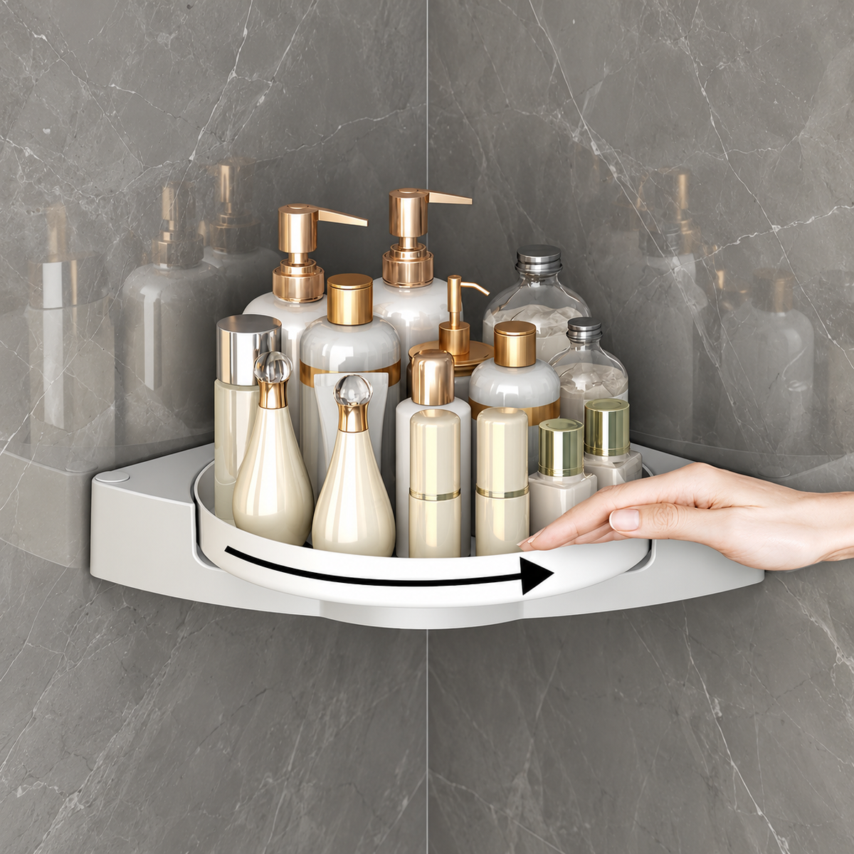 Rotating Corner Bathroom Shelf with Removable Tray and Rail