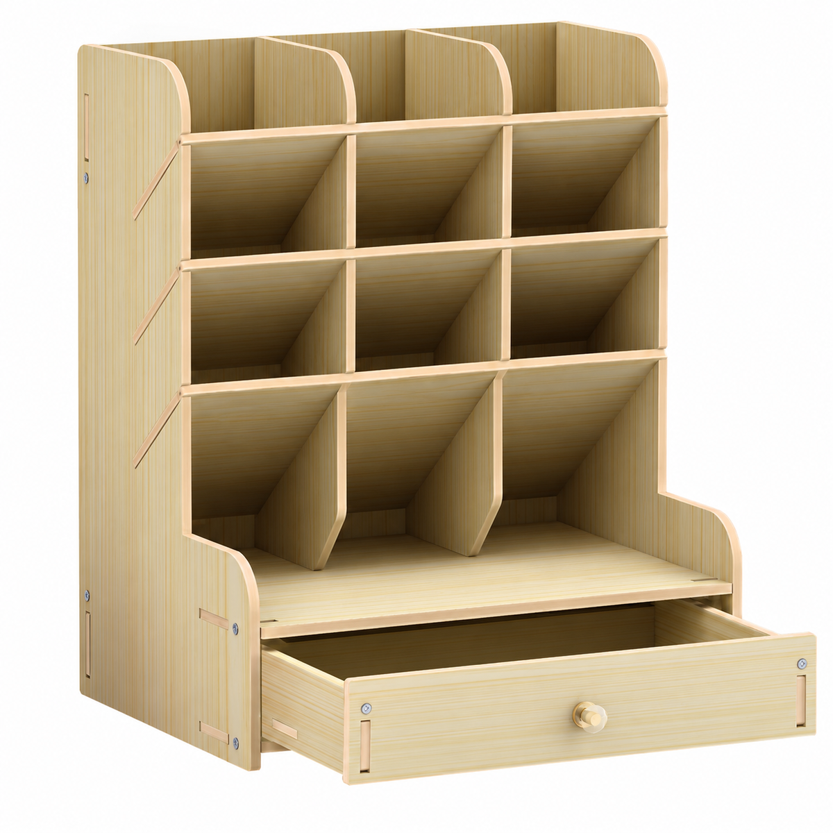 Wooden Desk Organizer with Sloped Pen Compartments and Drawer