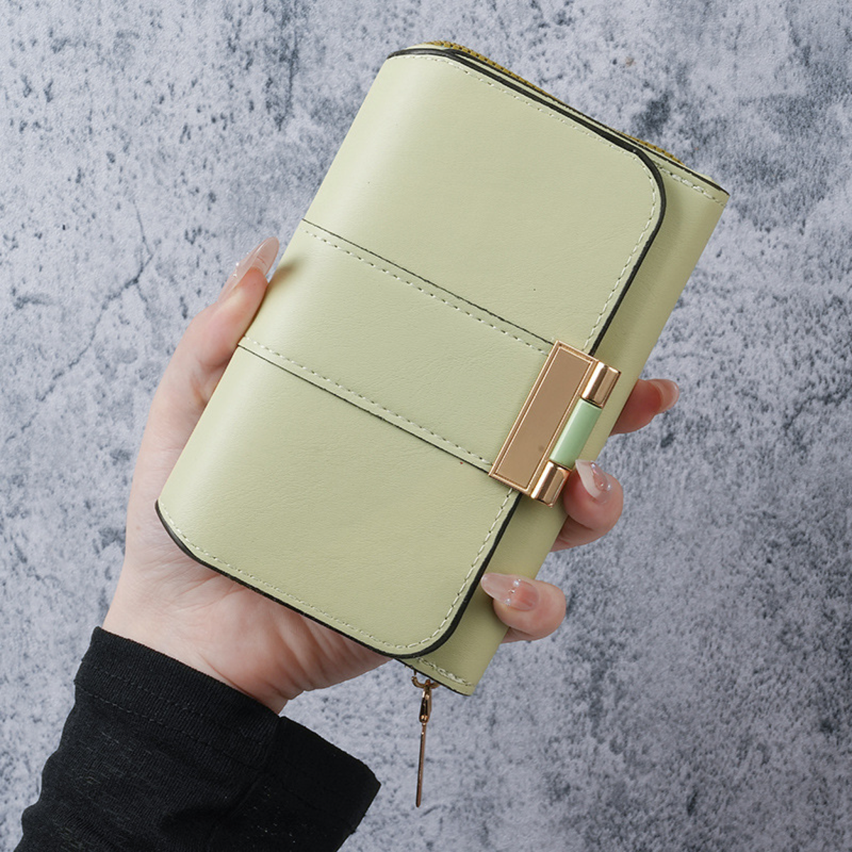 Gold-Clasp Foldover Wallet with Zip Section and Card Slots