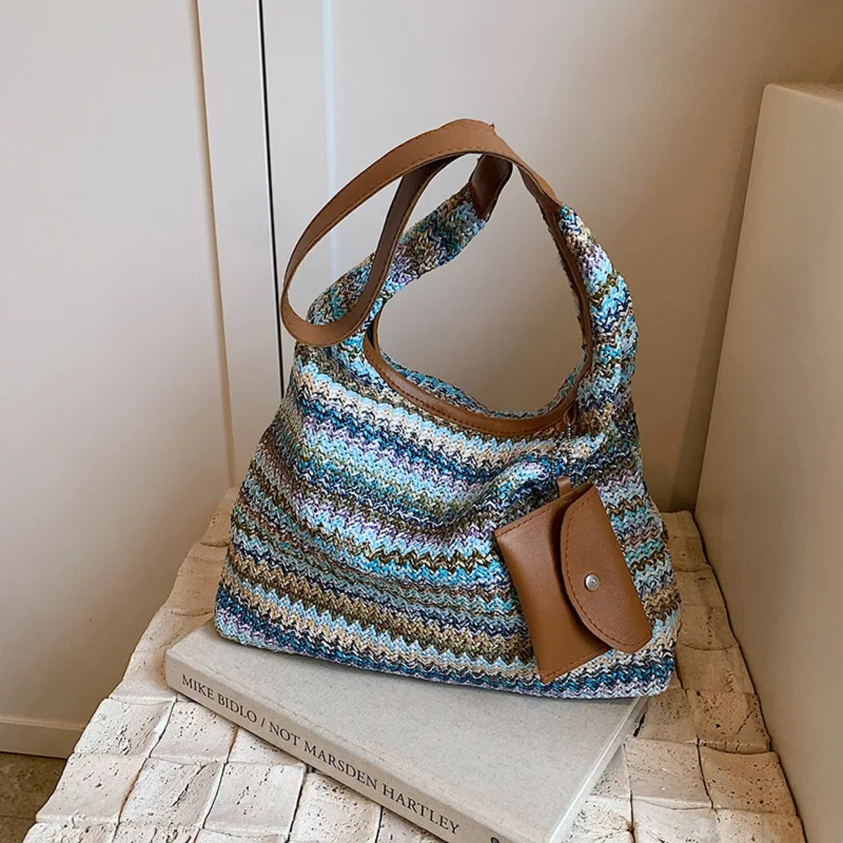 Crochet Hobo Shoulder Bag with Stripes and Front Flap Pocket