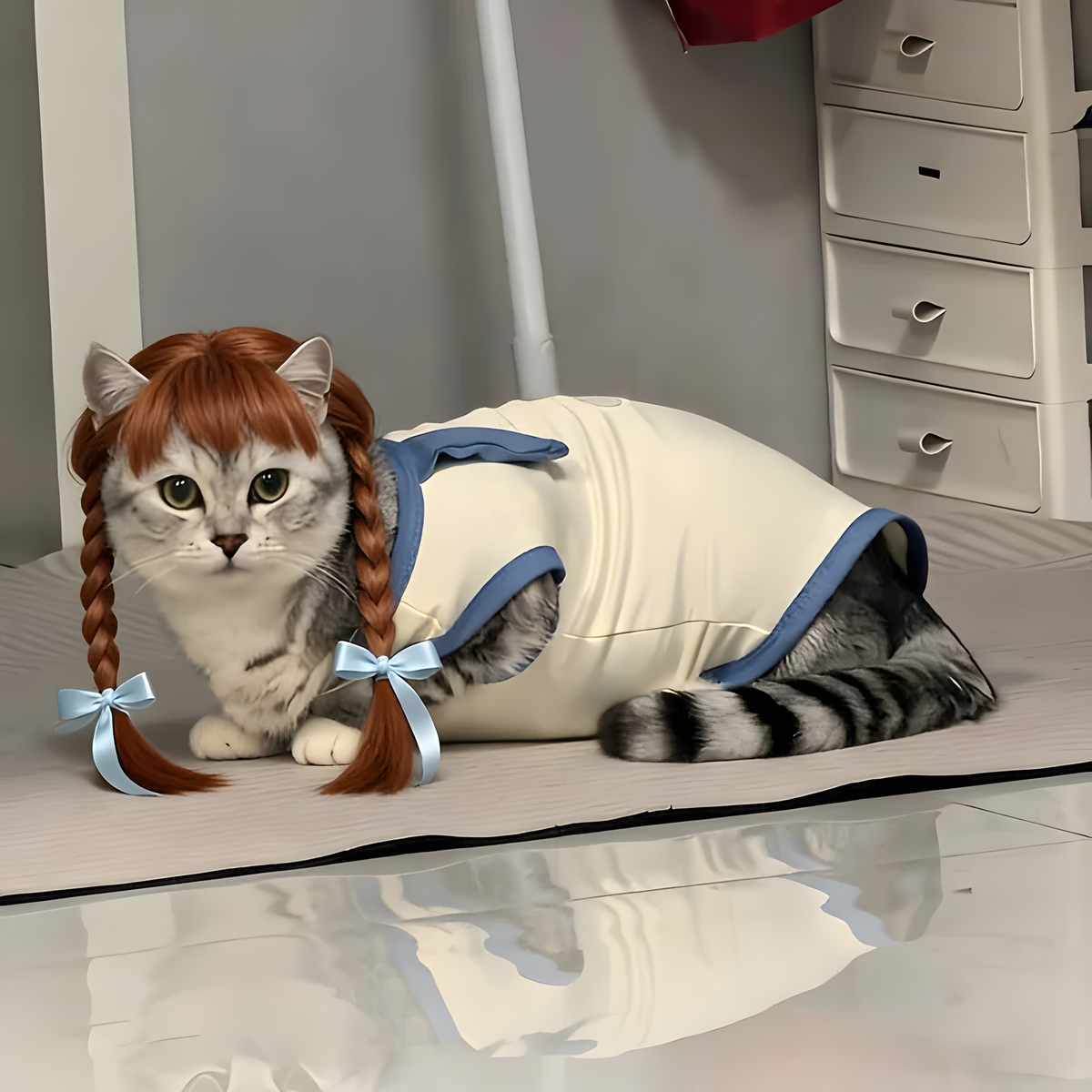 Braided Pet Wig with Bangs and Ribbon Bows for Cats & Small Dogs