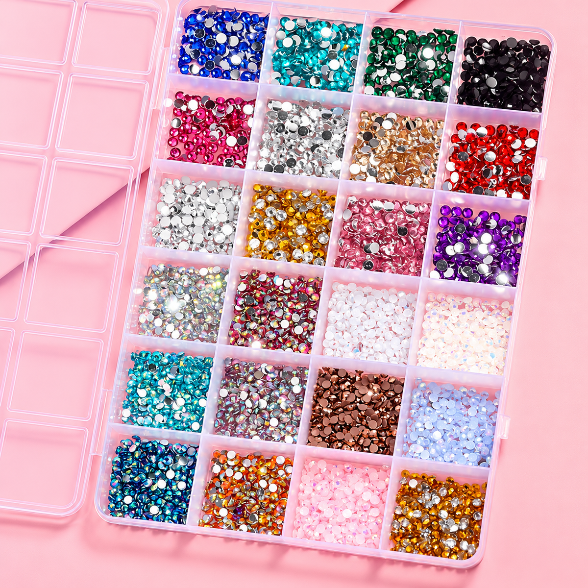 Resin Nail Rhinestones, Round Gems in a 24-Grid Storage Box