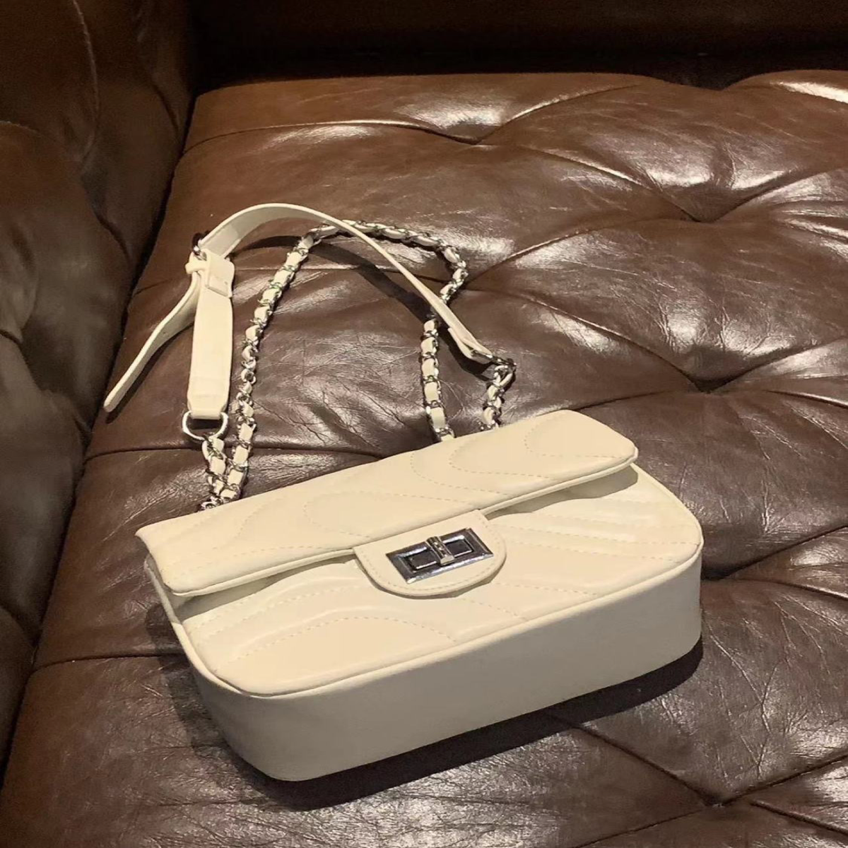 Wave-Quilted Shoulder Bag with Chain Strap and Turn-Lock Flap