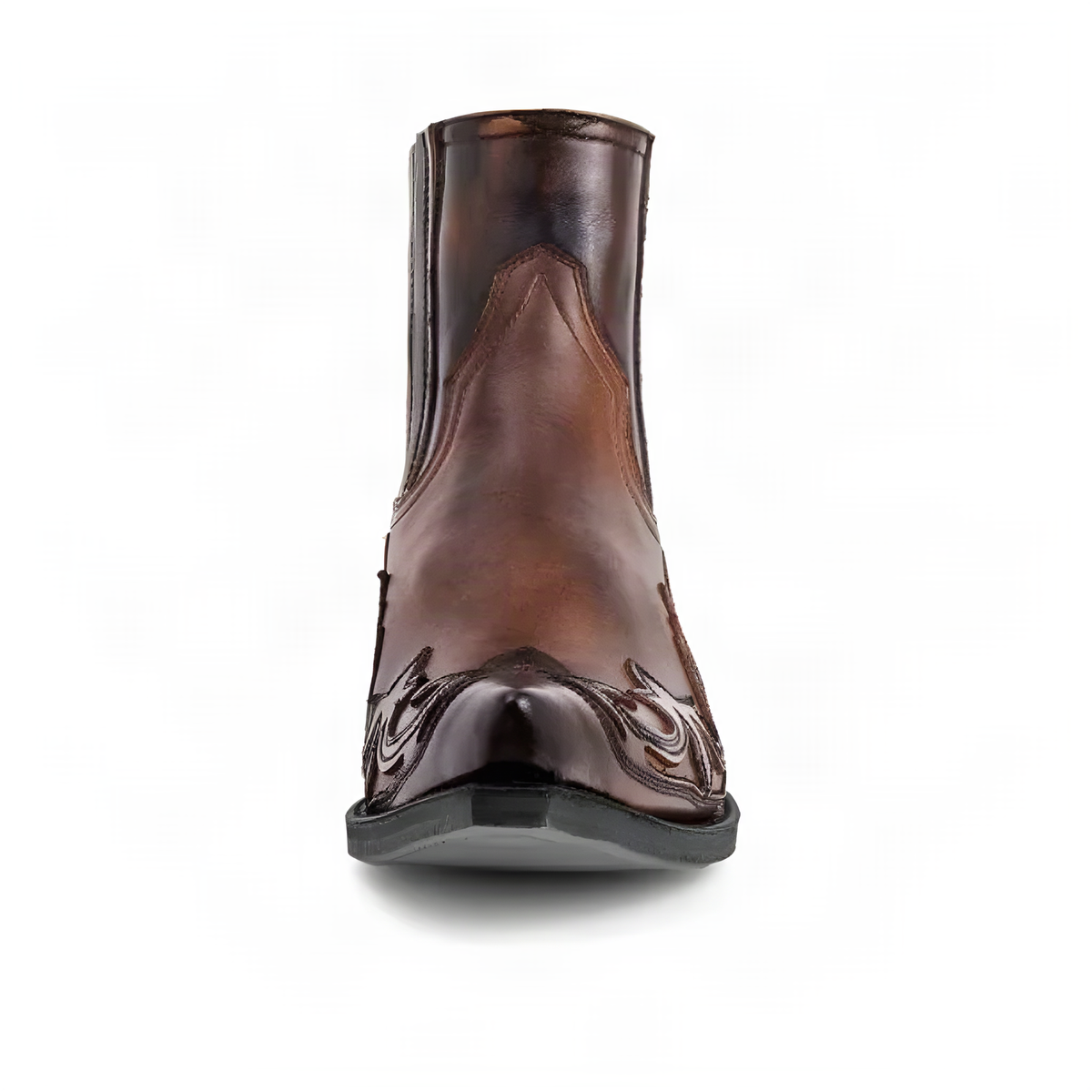 Western Pull-On Ankle Boots with Flame Stitching and Low Heel